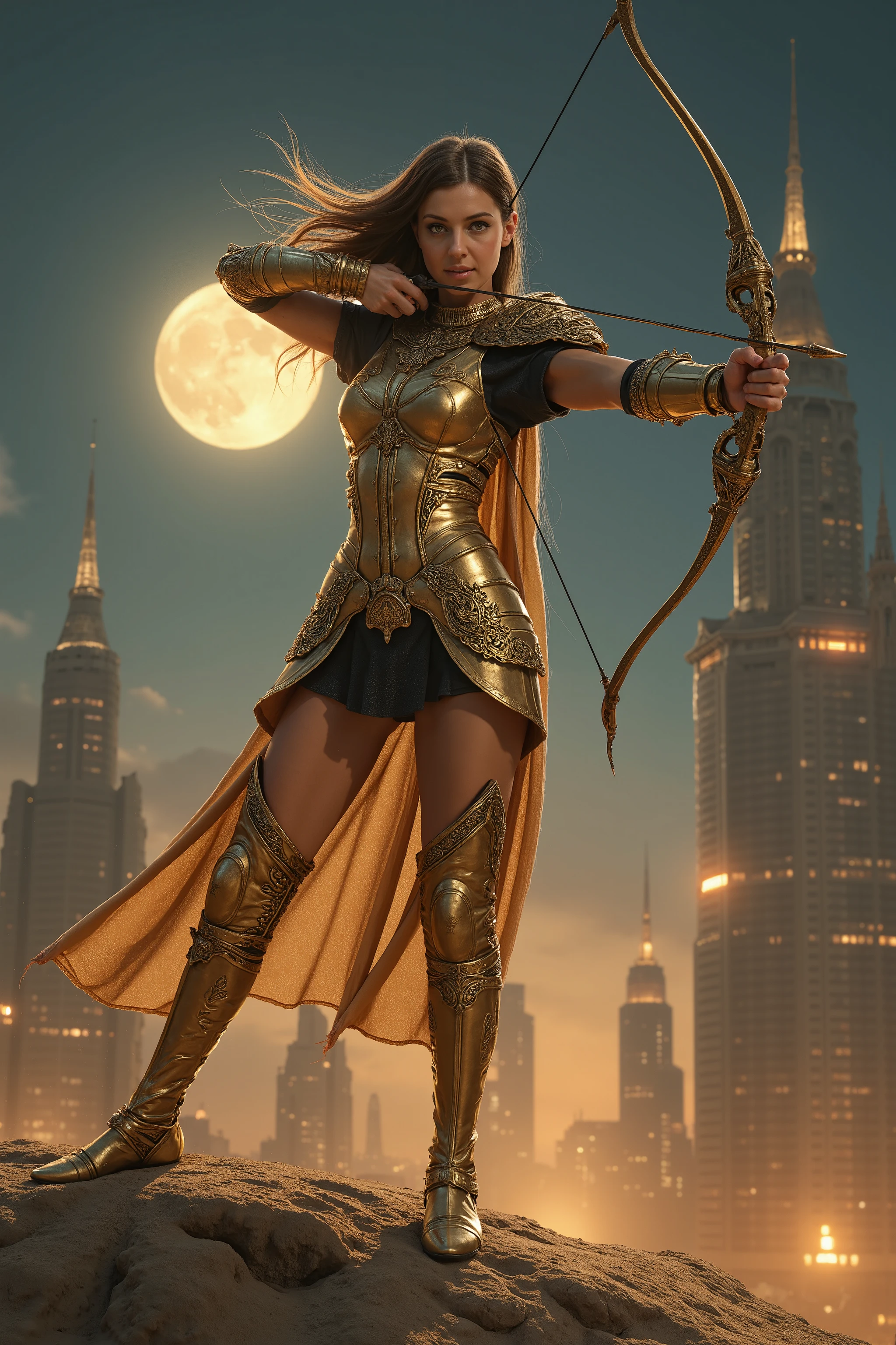 (Masterpiece, award winning, UHD, 8K, DSLR, photorealistic, ultra-realistic, very detailed), (Theme of knights of the zodiac, charismatic, there is a girl at the top of the city, wearing a golden gold armor Sagittarius knight, she is a superhero), full body, green eyes, fighting pose, armed with a longbow, show of strength, sandy urban environment, cityscape, night, (dynamic lights), (full moon) 