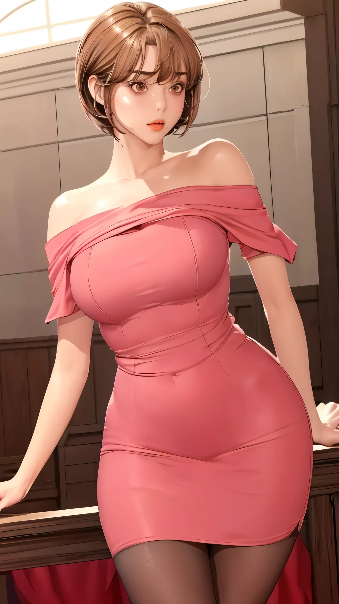 (（（figure，御姐figure,White and tender skin,（（（red hip wrap dress，Short sleeve，Off Shoulder，Black stockings）））,(（（Soridef，brown eyes，brown hair，short hair,））),，((masterpiece)), highres icon,((Best quality at best)),masterpiece,quality,Best quality,(（（  to the audience,Light in the eyes）））,Huge breasts,苗条figure,）））