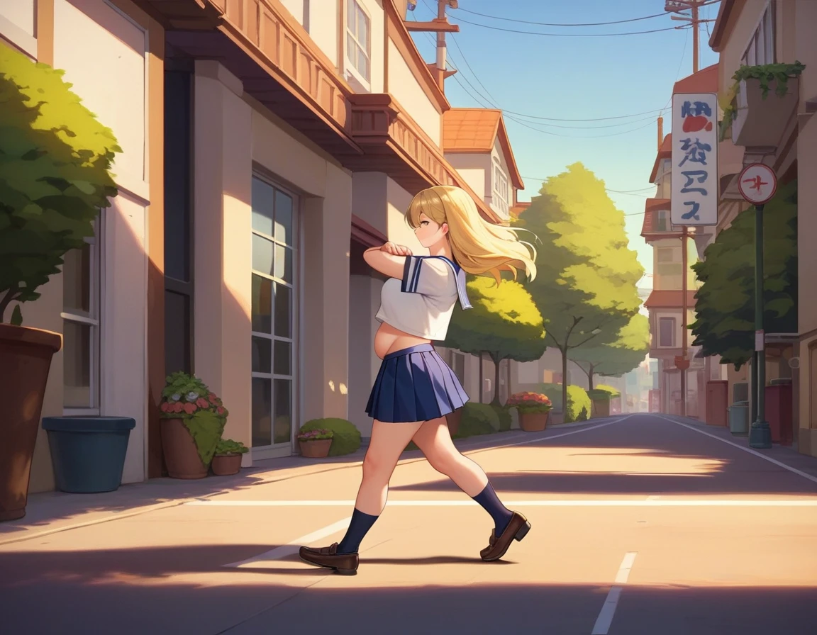 nsfw,masterpiece,highest quality,One milf, Long blonde hair, large caucasian eyes, Short sleeve,Cute Sailor Suit,Pleated skirt,Sailor scarf,socks,loafers,Street,Line art, by elijahzx, (manga art), (arms around stomach), (leaning back), (walking, out of breath, huffing and puffing), spherical inflation, puffed legs, puffed arms, immobile, (gasping for air) (side profile)