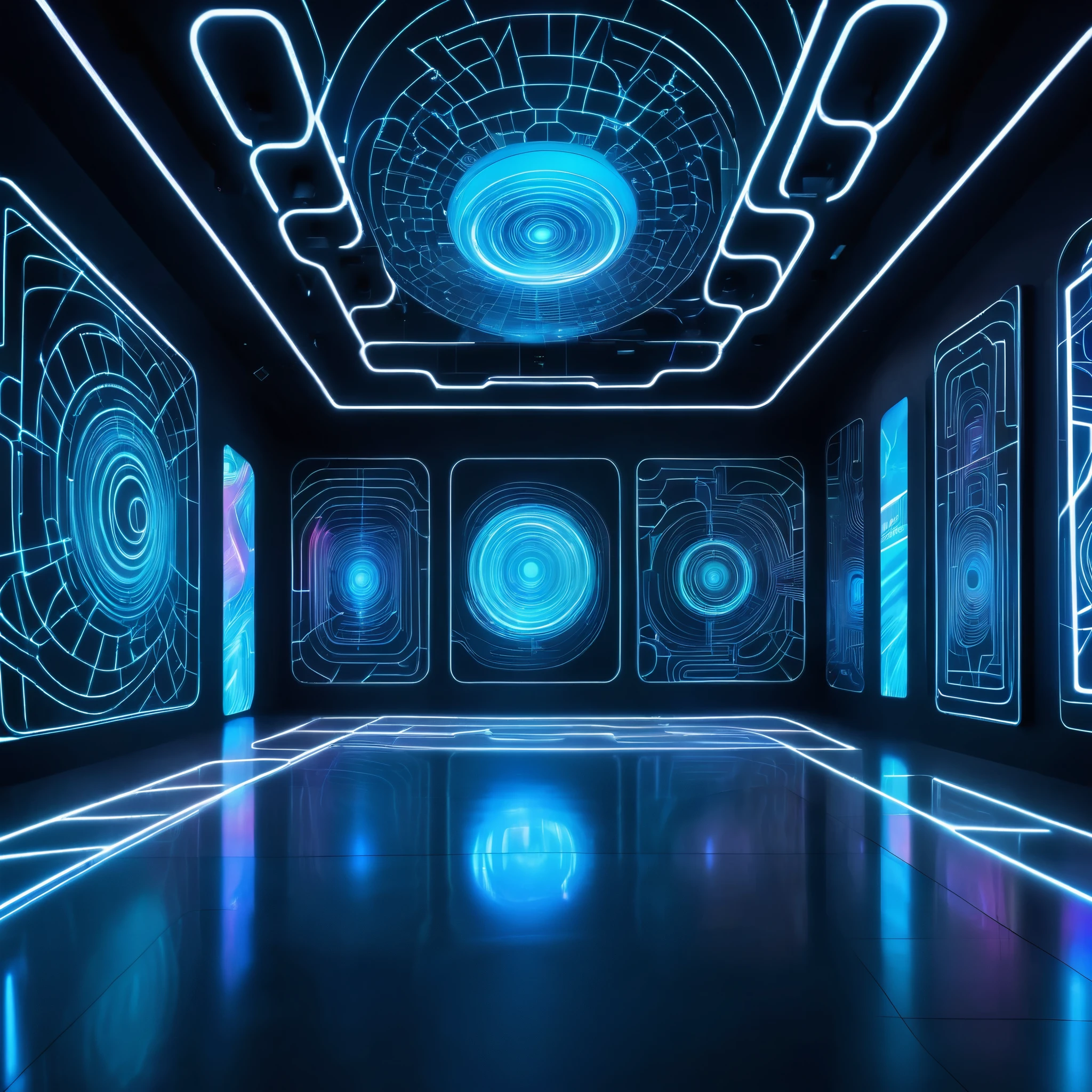 interior shot of a futuristic museum, (glowing holographic art:1.5), scifi, night, 8k, photo, ultra detailed, masterpiece