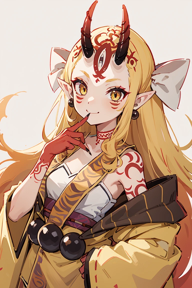 1girl, solo, (ibaraki_douji), blonde, yellow eyes, oni horns, japanese clothes, pointy ears, kimono, bare shoulders, off shoulder, yellow kimono, forehead mark, (fingernails, sharp fingernails), ((red painted hands, finger on mouth)), hair accesories, straight hair, jewelry, earrings, large smile, smug, upper body, standing, masterpiece, best quality