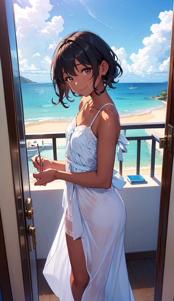 Blue sky and beautiful sea seen from the window,A luxury hotel room,A beautiful girl is standing,Looking at the viewer,smile, maid clothes, flat chest,( tan brown skin),( Wavy Short Black Hair ),High image quality