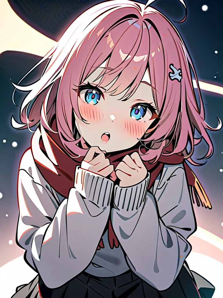 1girl, solo, skirt, hair ornament, scarf, !, sleeves past wrists, long sleeves, ahoge, bangs, pleated skirt, looking at viewer, black skirt, eyebrows visible through hair, bow, scarf, open mouth, teeth, pink hair, sweater, hands up, :o, white sweater, medium hair, upper teeth, blush, bone hair ornament, parted lips, masterpiece, best quality, 