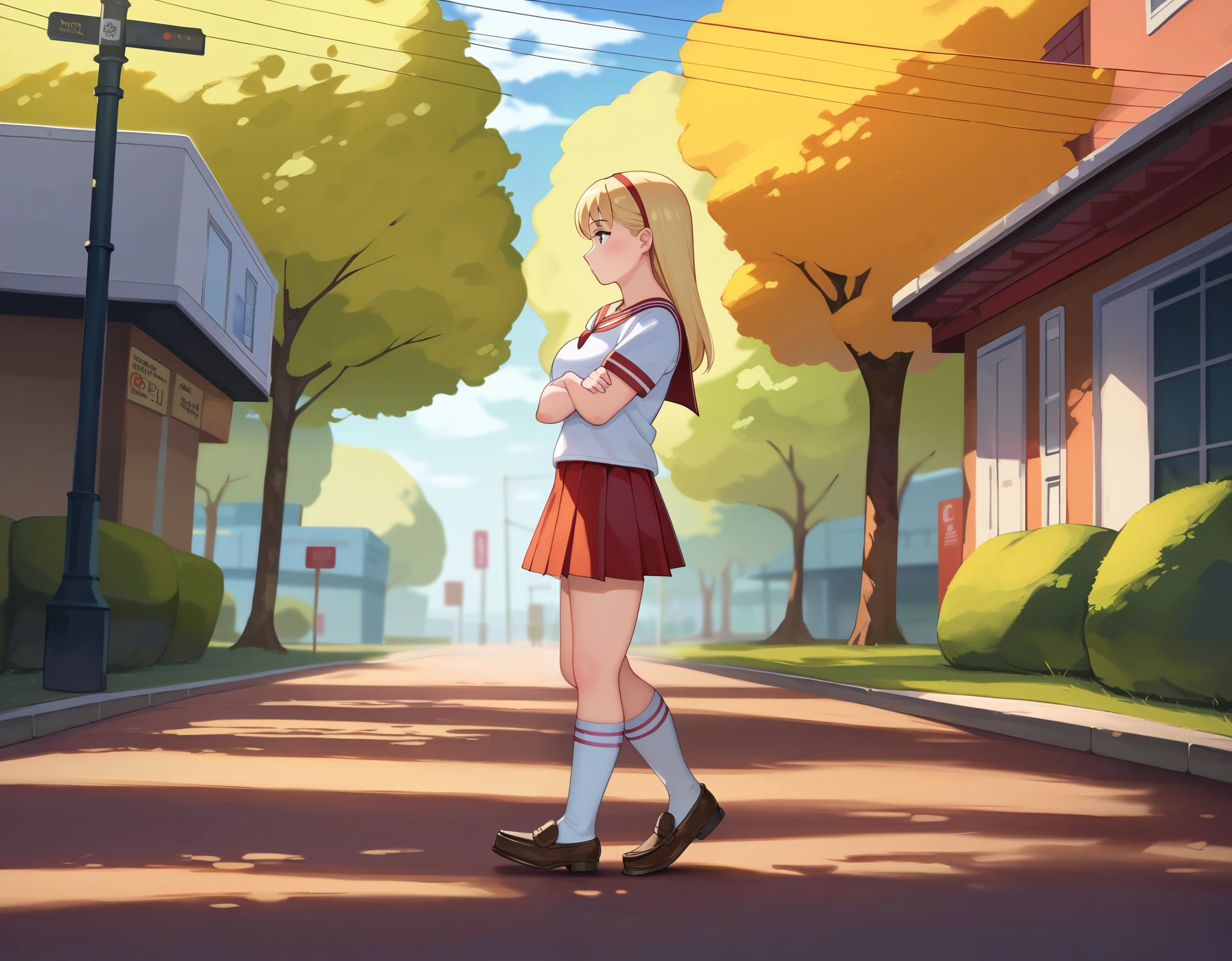 nsfw,masterpiece,highest quality,One milf, Long blonde hair, large caucasian eyes, Short sleeve,Cute Sailor Suit,Pleated skirt,Sailor scarf,socks,loafers,Street,Line art, by elijahzx, (manga art), (arms around stomach), (leaning back), (walking, out of breath, huffing and puffing), spherical inflation, puffed legs, puffed arms, immobile, (gasping for air) (side profile)