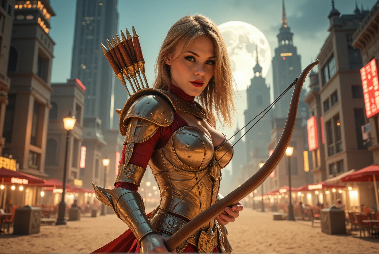 In this UHD masterpiece, a photorealistic depiction of Sagittarius Knight shines brightly under the full moon's silvery glow. A charismatic heroine stands atop the city's sprawling metropolis, her golden armor glistening in the dynamic lights of the night. Her piercing green eyes burn with determination as she assumes a powerful fighting pose, longbow at the ready. The sandy urban environment is bathed in an otherworldly ambiance, with towering skyscrapers and bustling streets fading into the background as our superhero's strength radiates forward.