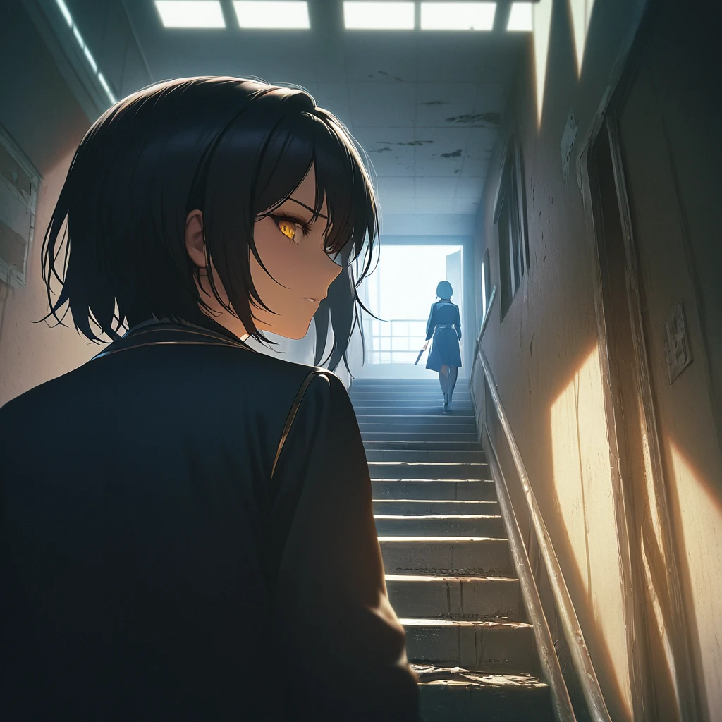 A girl with black short hair, wearing a uniform, with a slightly frightened expression, descending the dark stairs of an abandoned hospital, looking back over her shoulder. High quality, detailed, realistic lighting, atmospheric, cinematic.
