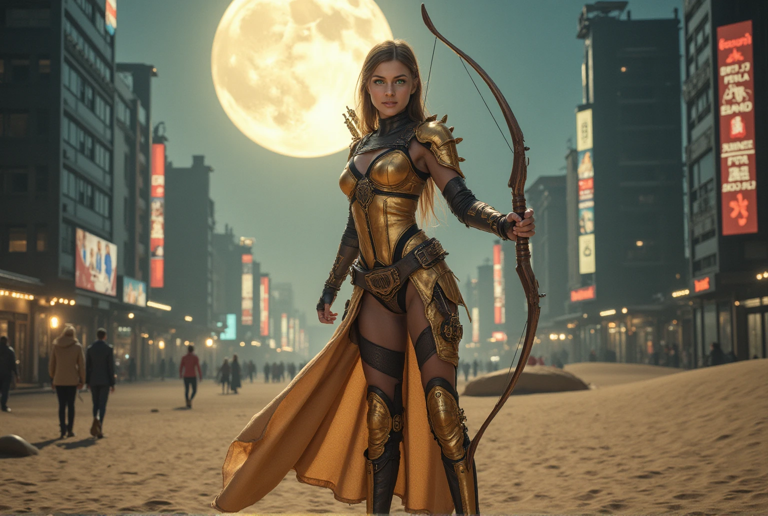 In this UHD masterpiece, a photorealistic depiction of Sagittarius Knight shines brightly under the full moon's silvery glow. A charismatic heroine stands atop the city's sprawling metropolis, her golden armor glistening in the dynamic lights of the night. Her piercing green eyes burn with determination as she assumes a powerful fighting pose, longbow at the ready. The sandy urban environment is bathed in an otherworldly ambiance, with towering skyscrapers and bustling streets fading into the background as our superhero's strength radiates forward.