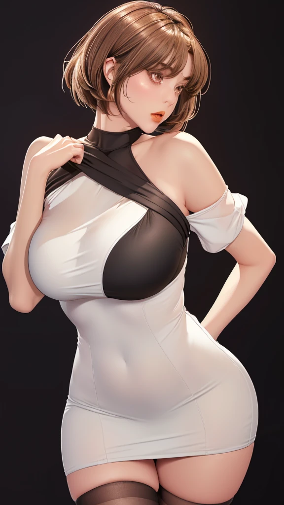 (（（figure，御姐figure,White and tender skin,（（（red hip wrap dress，Short sleeve，Off Shoulder，Black stockings）））,(（（Soridef，brown eyes，brown hair，short hair,））),，((masterpiece)), highres icon,((Best quality at best)),masterpiece,quality,Best quality,(（（  to the audience,Light in the eyes）））,Huge breasts,苗条figure, Black background，bend over）））