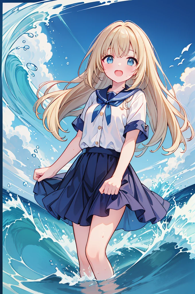 One Girl, smile, blonde、Red hair ribbon、whole body、 Primary school students、Blue Uniform、Blue long skirt、Hands raised、Lift your legs、(Pulling on skirt)、Drowning in the sea、Splash art anime、Embarrassed face、Water Play、Photographed while submerged in the sea、(The skirt spreads out on the water)、cute、blush、White 、(Skirt rolled up:1.3)、Laughter、I'm surprised that the water is cold、(Clothes get wet and become transparent:1.1)