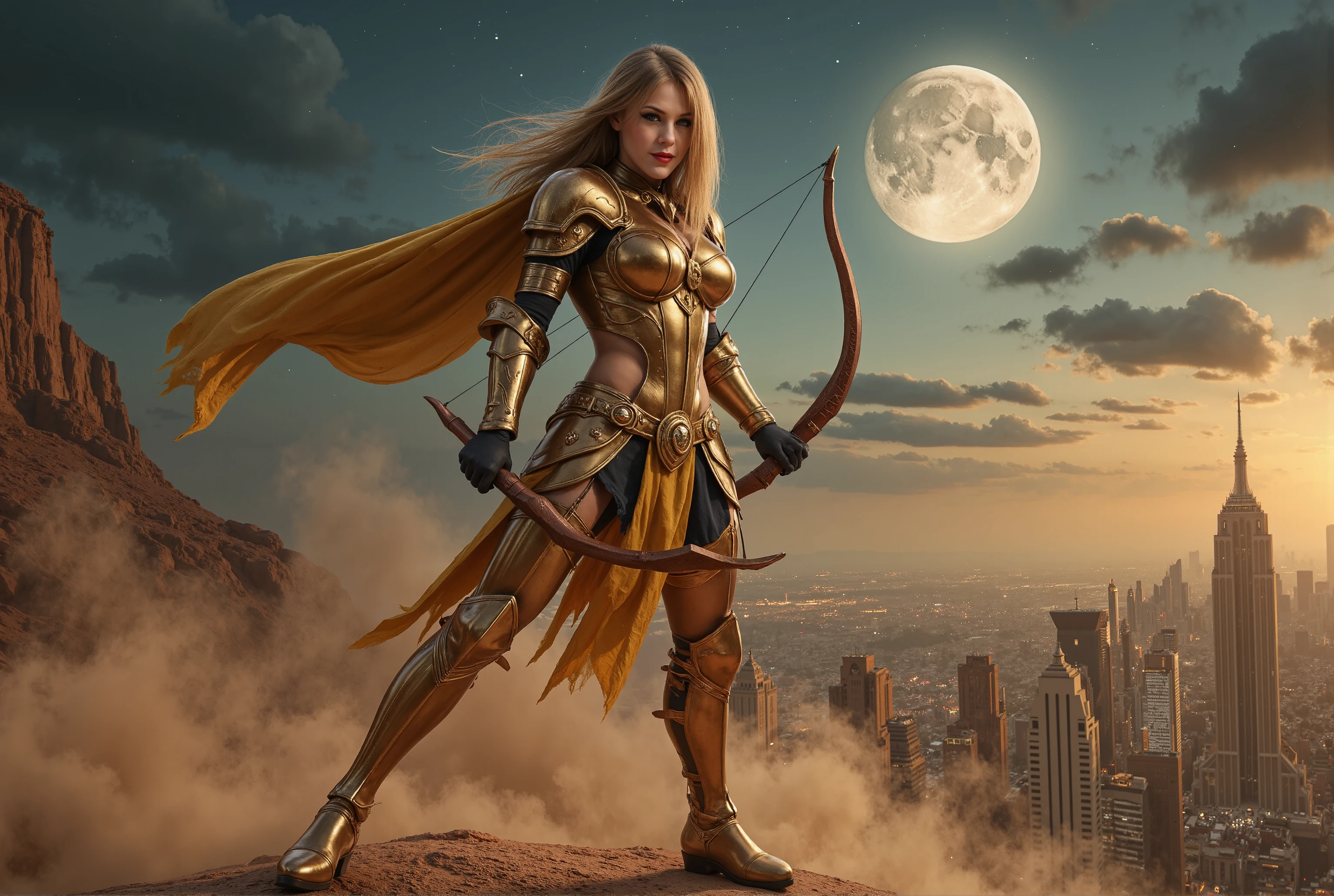 (Masterpiece, award winning, UHD, 8K, DSLR, photorealistic, ultra-realistic, very detailed), (Theme of knights of the zodiac, charismatic, there is a girl at the top of the city, wearing a golden gold armor Sagittarius knight, she is a superhero), full body, green eyes, fighting pose, armed with a longbow, show of strength, sandy urban environment, cityscape, night, (dynamic lights), (full moon) 