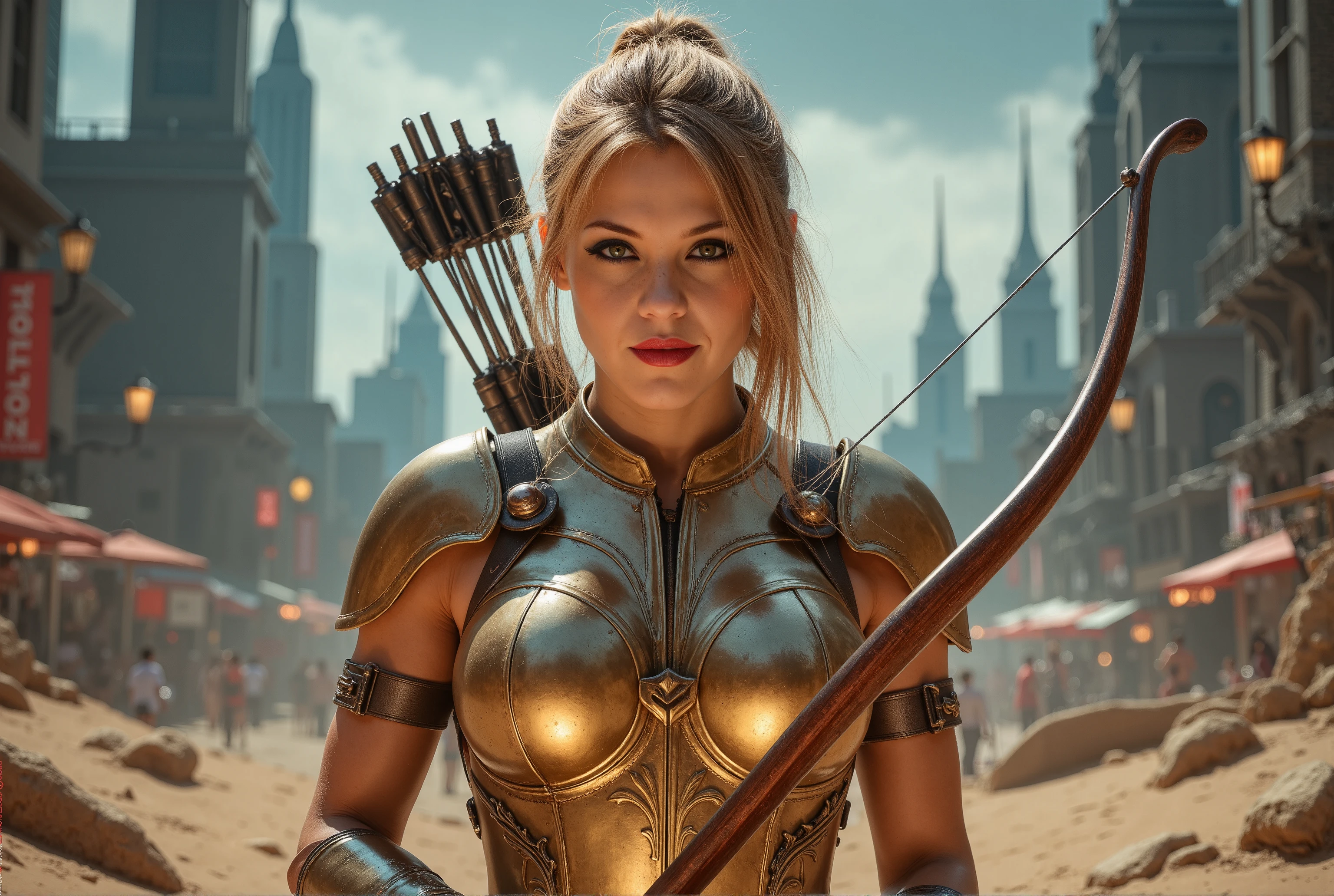 In this UHD masterpiece, a photorealistic depiction of Sagittarius Knight shines brightly under the full moon's silvery glow. A charismatic heroine stands atop the city's sprawling metropolis, her golden armor glistening in the dynamic lights of the night. Her piercing green eyes burn with determination as she assumes a powerful fighting pose, longbow at the ready. The sandy urban environment is bathed in an otherworldly ambiance, with towering skyscrapers and bustling streets fading into the background as our superhero's strength radiates forward.