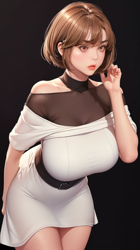 (（（figure，御姐figure,White and tender skin,（（（red hip wrap dress，Short sleeve，Off Shoulder，）））,(（（Soridef，brown eyes，brown hair，short hair,））),，((masterpiece)), highres icon,((Best quality at best)),masterpiece,quality,Best quality,(（（  to the audience,Light in the eyes）））,Huge breasts,苗条figure, Black background，bend over）））