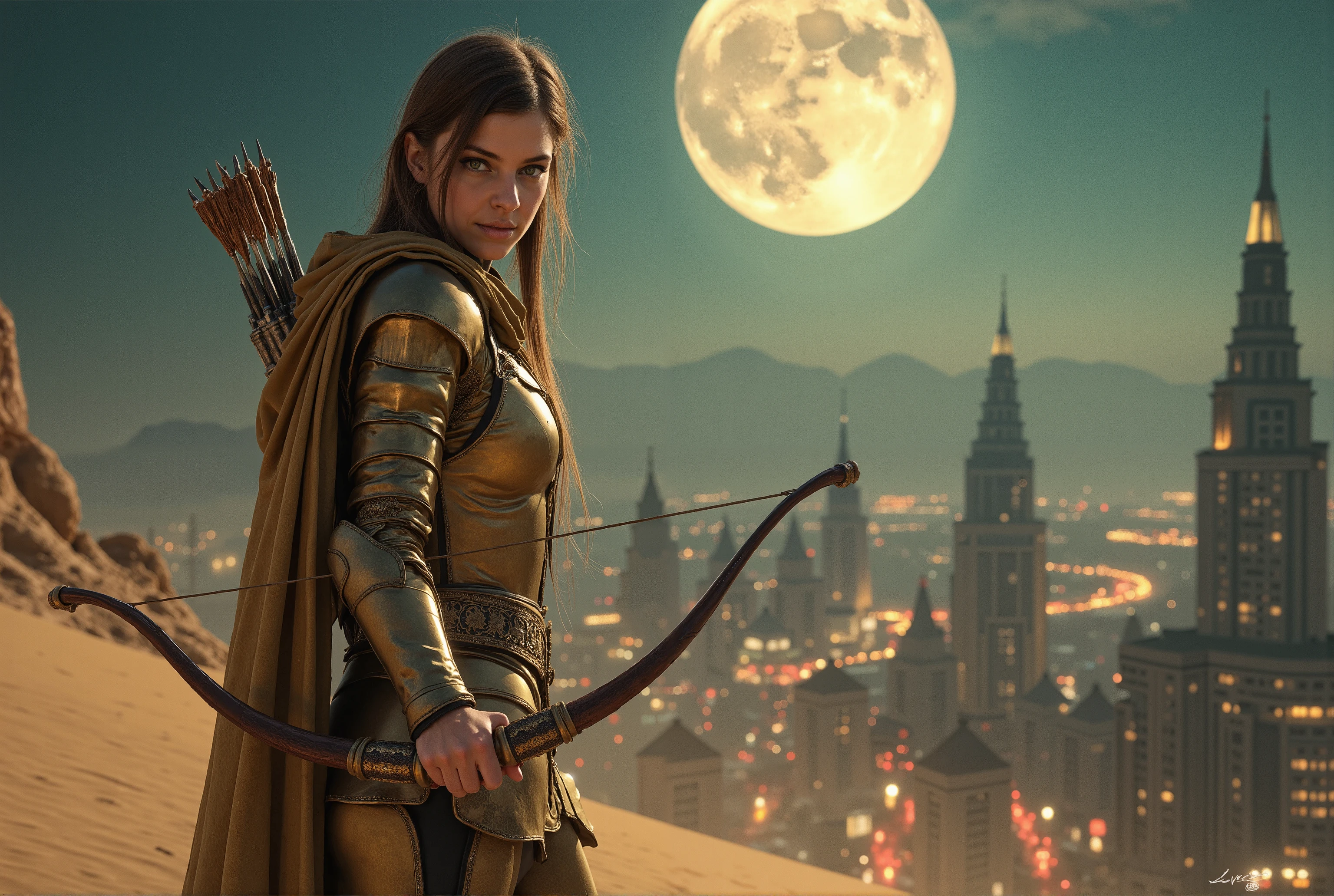 In this UHD masterpiece, a photorealistic depiction of Sagittarius Knight shines brightly under the full moon's silvery glow. A charismatic heroine stands atop the city's sprawling metropolis, her golden armor glistening in the dynamic lights of the night. Her piercing green eyes burn with determination as she assumes a powerful fighting pose, longbow at the ready. The sandy urban environment is bathed in an otherworldly ambiance, with towering skyscrapers and bustling streets fading into the background as our superhero's strength radiates forward.