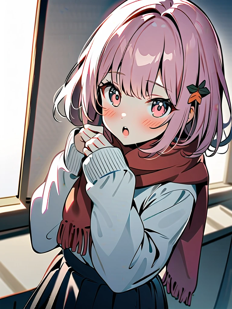 1girl, solo, skirt, hair ornament, scarf, !, sleeves past wrists, long sleeves, bangs, pleated skirt, looking at viewer, black skirt, bow, scarf, open mouth, teeth, pink hair, sweater, hands up, :o, white sweater, medium hair, upper teeth, blush, parted lips, masterpiece, best quality, 