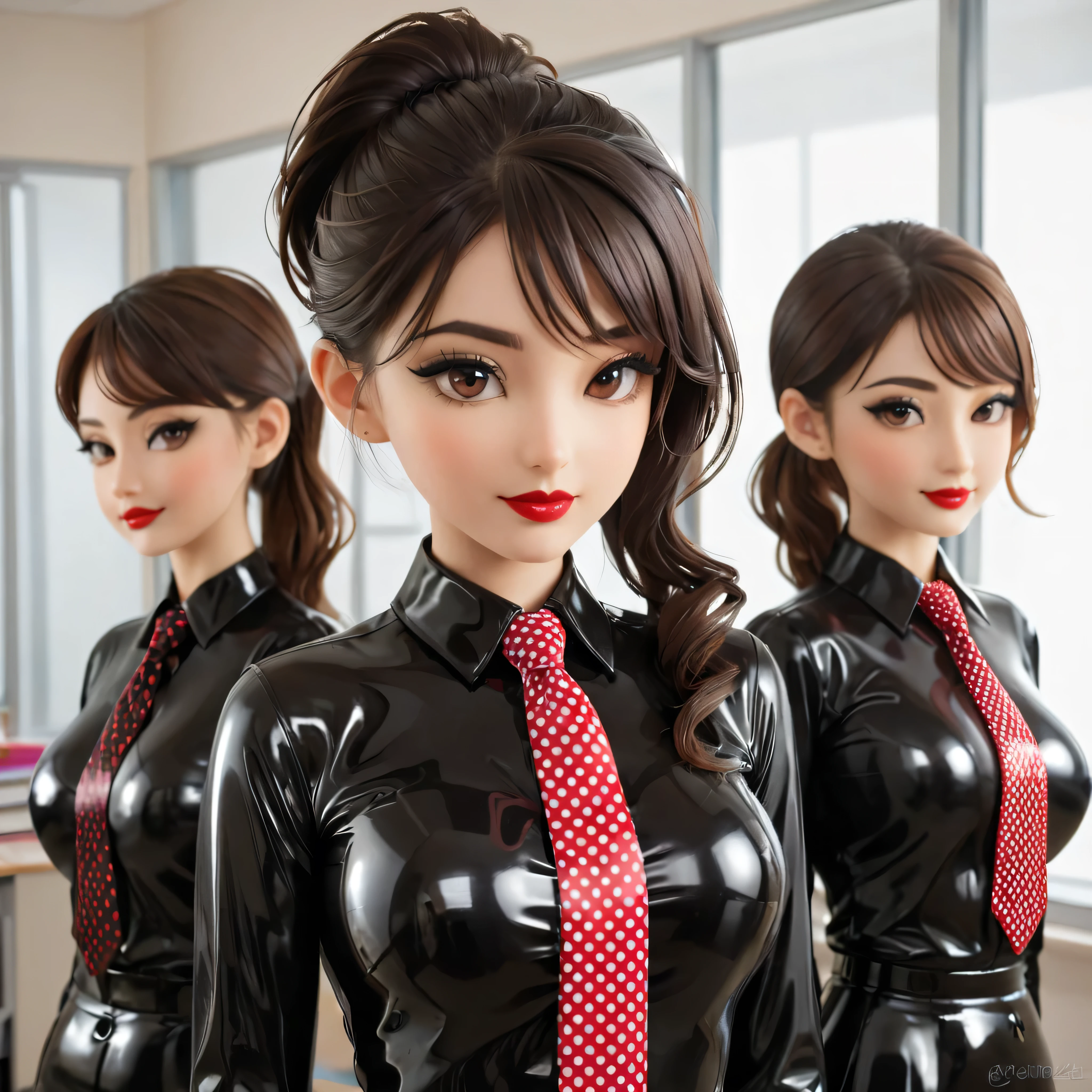 3 girls and buttoned in extremely tight shiny black latex blouse with polka dot pattern, Are in school,  side ponytail, shiny hair, Breasts,  seductive smile, Reflected light, Lens reflection, Necktie,Make-up, Red lips, 