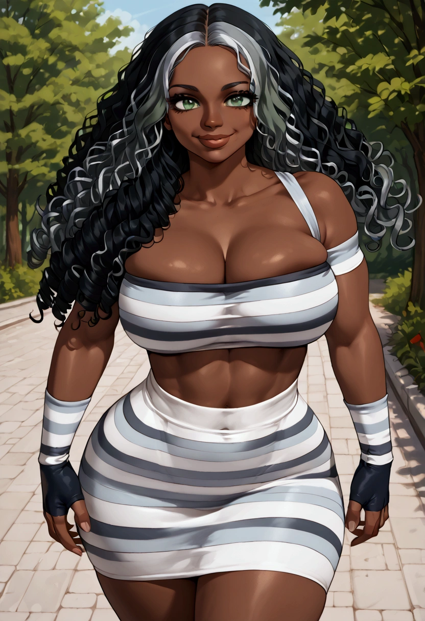 (8k, 4k, intricate),(halfbody-shot:1), (Ultra high detailed:1.2),(detailed background:1.2),((dark skin, beatiful face,detailed lips, smiling)), ((big breasts,curvy hips, thick female, thick thighs,)((light green eyes, long curly hairstyle, black hair with silver grey highlights))) perfectly detailed hair, perfectly detailed face, image of a dark skinned woman standing for a photo, striped armwarmers, fingerless gloves, she wearing a black and white striped dress while walking down a sidewalk, sexy black woman walks past them, tinyest midriff ever, her belly button is exposed, very sexy outfit, intriguing outfit, sexy dress, wearing a sexy cropped top, sexy outfit, revealing outfit, tube-top dress, tight outfit, cut out, beautiful midriff, exposed midriff