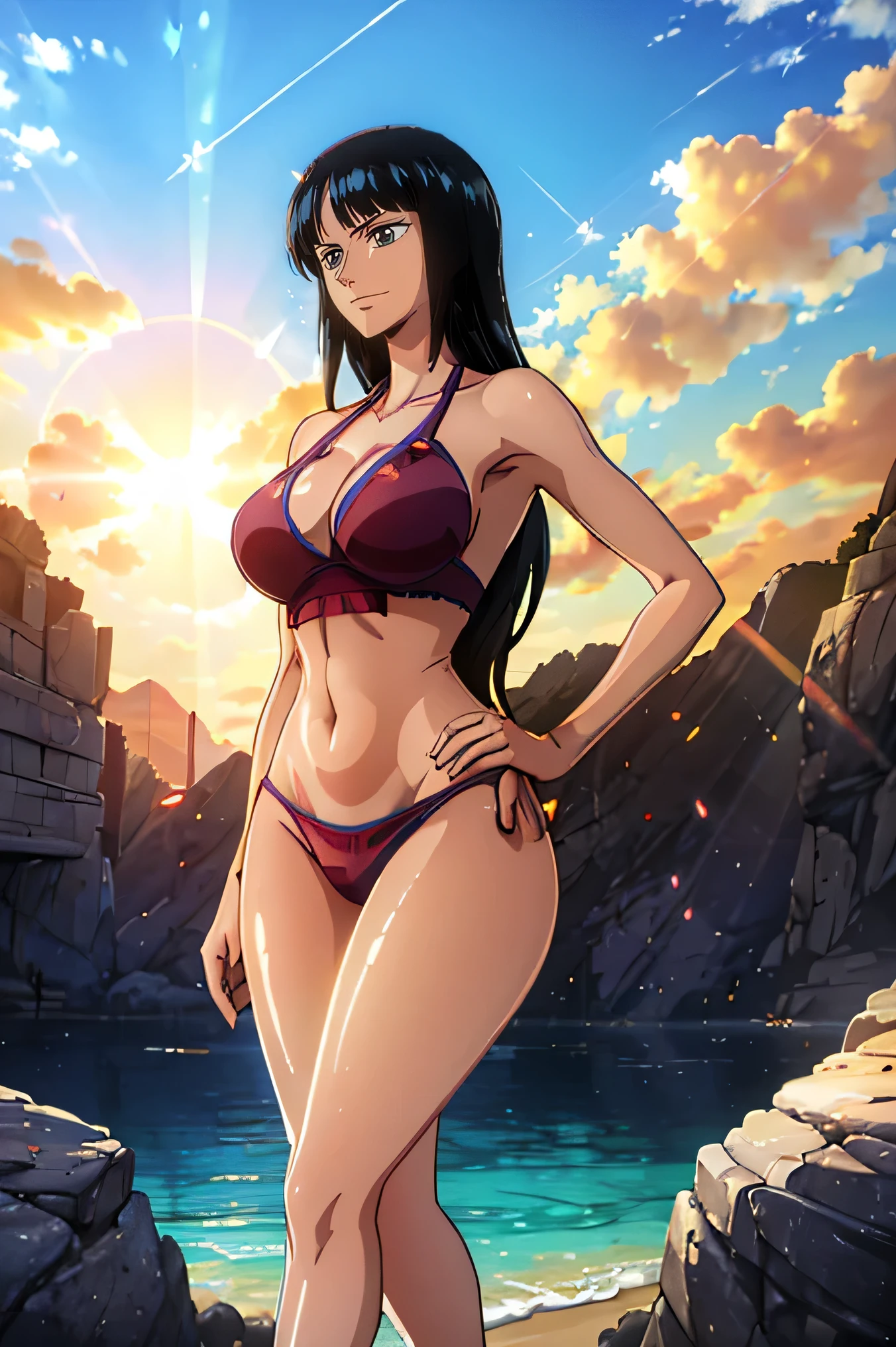 20years old woman, 180 cm tall, ((((( female assassin))))), (((wearing bikini :1.3))), model-like beauty, perfect features, chest area. Large exposed, ((medium 　breasts :1.2)),  England castle in the background, standing on the castle, (((((dynamic pose:1.1))))), (((high quality:1.1))), (((high resolution:1.1))), (((realistic:1.2))), ((((Detailed description:1.1)))), slim waist, plump upper body, plump lower body, perfect arms, perfect collarbone, perfect fingers, perfect five fingers, perfect hands, perfect limbs, perfect hips, Perfect butt, perfect thighs, perfect legs, movie lighting,(((shiny sunlight:1.3)))