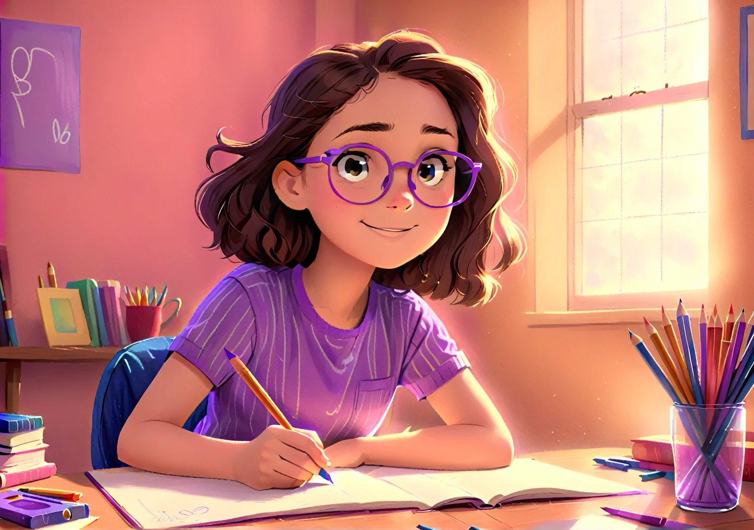 Clara, a girl with brown wavy hair, using glasses, drawing with crayons, happy expression, wearing purple shirt. Detailed face, intricate details, colorful crayons, cozy indoor setting, beautiful lighting, soft pastel colors, warm tones, cinematic composition, award winning illustration, highly detailed, photorealistic, 8k, masterpiece, professional, award winning, cinematic lighting, soft focus, beautiful composition, consistent character. The illustration should be simple and clean. The style of the illustration resembles a classic ren's book, combining a Disney cartoon and watercolor illustration but with thick lines outlining the image.