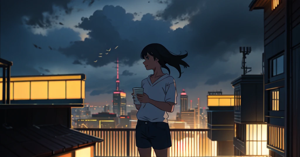 a girl standing on a balcony with a cup of coffee, cgsociety 9, chillhop, alena aenami and artgerm, makoto shinkai and artgerm, lofi girl aesthetic, anime scenery, makoto shinkai and (cain kuga), lofi aesthetic, anime landscape, anime nature, roof background, anime wallaper