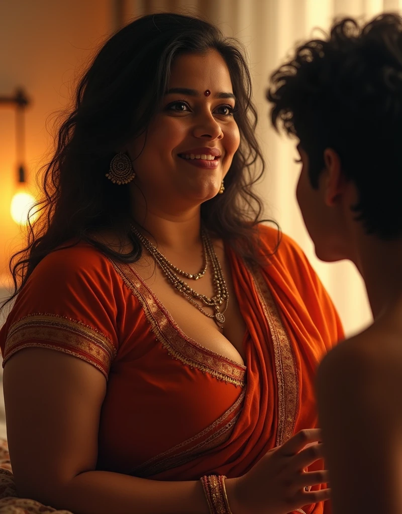 photo of Voluptuous Indian Mature Aunty, Wearing pink Tight Kurti and White stole tied around the neck, Large U Cut Cleavage exposed, Sitting on bed and Kissing a Boy, Dim light in the room.