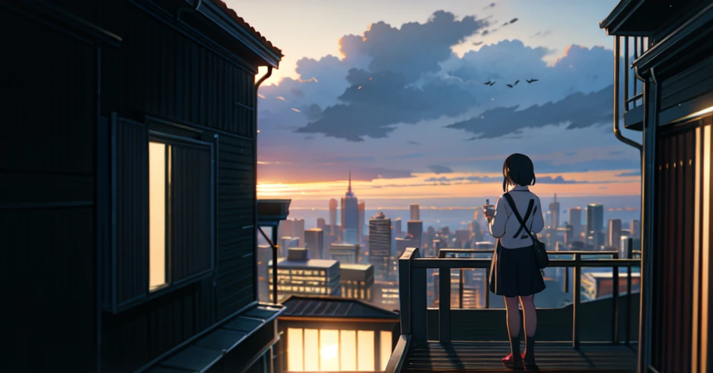 a girl standing on a balcony with a cup of coffee, cgsociety 9, chillhop, alena aenami and artgerm, makoto shinkai and artgerm, lofi girl aesthetic, anime scenery, makoto shinkai and (cain kuga), lofi aesthetic, anime landscape, anime nature, roof background, anime wallaper,lofi style,studio ghibili