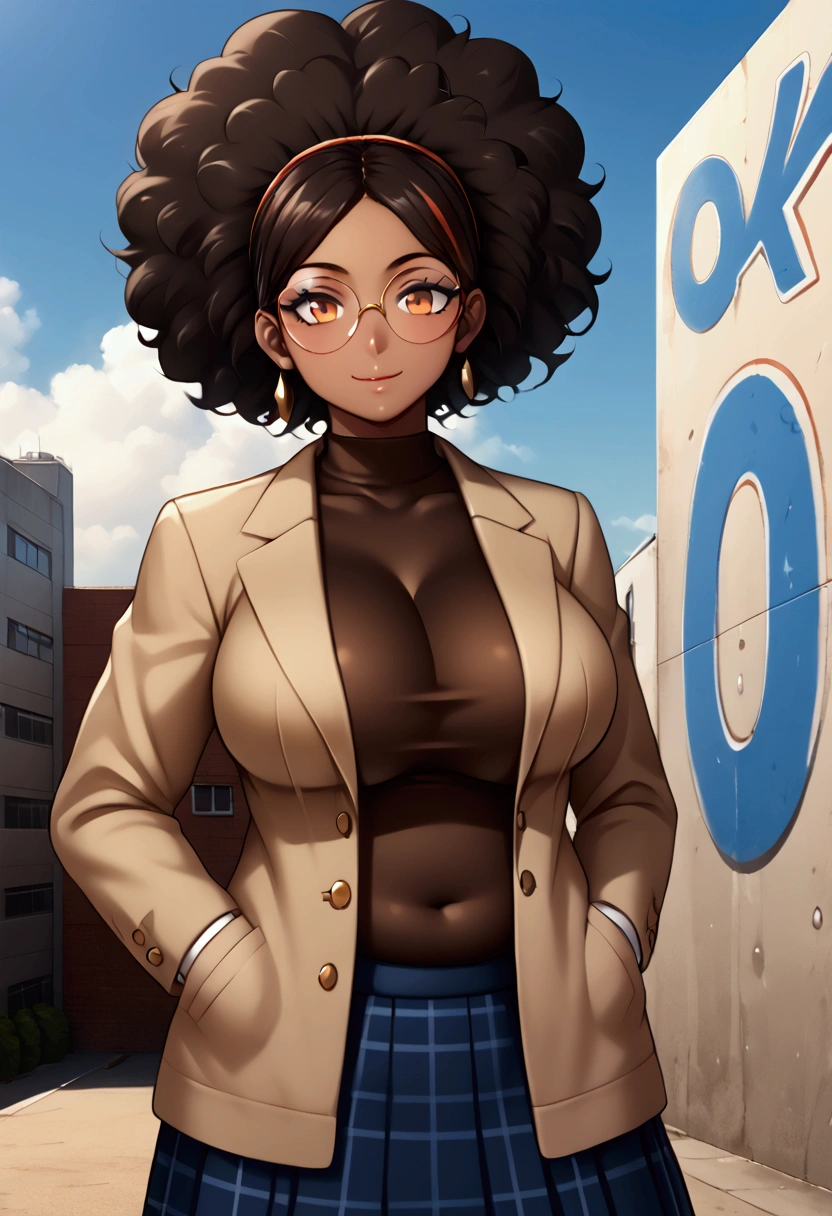 (best quality),(masterpiece), (extremely detailed 8K wallpaper),ultra-detailed,cinematic lighting, detailed light, best shadow, dyanamic angle, 1girl,solo, black hair with light brown highlights, round glasses with blue rims, a cartoon image of a dark skinned woman with a big afro hair with frizzy hair wearing an dark brown turtleneck shirt with formal jacket and a Black plaid skirt, character portrait, light orange eyes, curly Afro(black hair:1.5,), smiling, inspired by Huey from The Boondocks, (black:0.5,dark brown:1.3, dark blue:1.2), graffiti background, big breasts, slightly chubby, anime style character, in the art style of 8 0 s anime, 