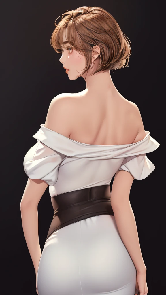 (（（figure，御姐figure,White and tender skin,（（（red hip wrap dress，Short sleeve，Off Shoulder，）））,(（（Soridef，brown eyes，brown hair，short hair,））),，((masterpiece)), highres icon,((Best quality at best)),masterpiece,quality,Best quality,(（（  to the audience,Light in the eyes）））,Huge breasts,苗条figure, Black background，From the back）））