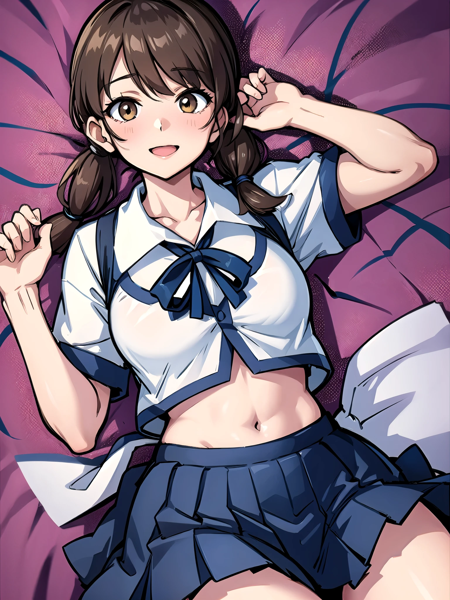 shirayukiKC, low twintails, short twintails, (masterpiece, Best Quality:1.2), Best Quality,  very detailed, masterpiece, 8k, high definition, one girl playing pranks,Alone, ( office,  Living Room ,  bedroom), White Sailor Suit, Short sleeve, smile, School_uniform,Pleats_skirt, (  close-up shot), Slender body,,(( panties), (Bra), ( Innerwear), ( fancy underwear), ( lingerie)))