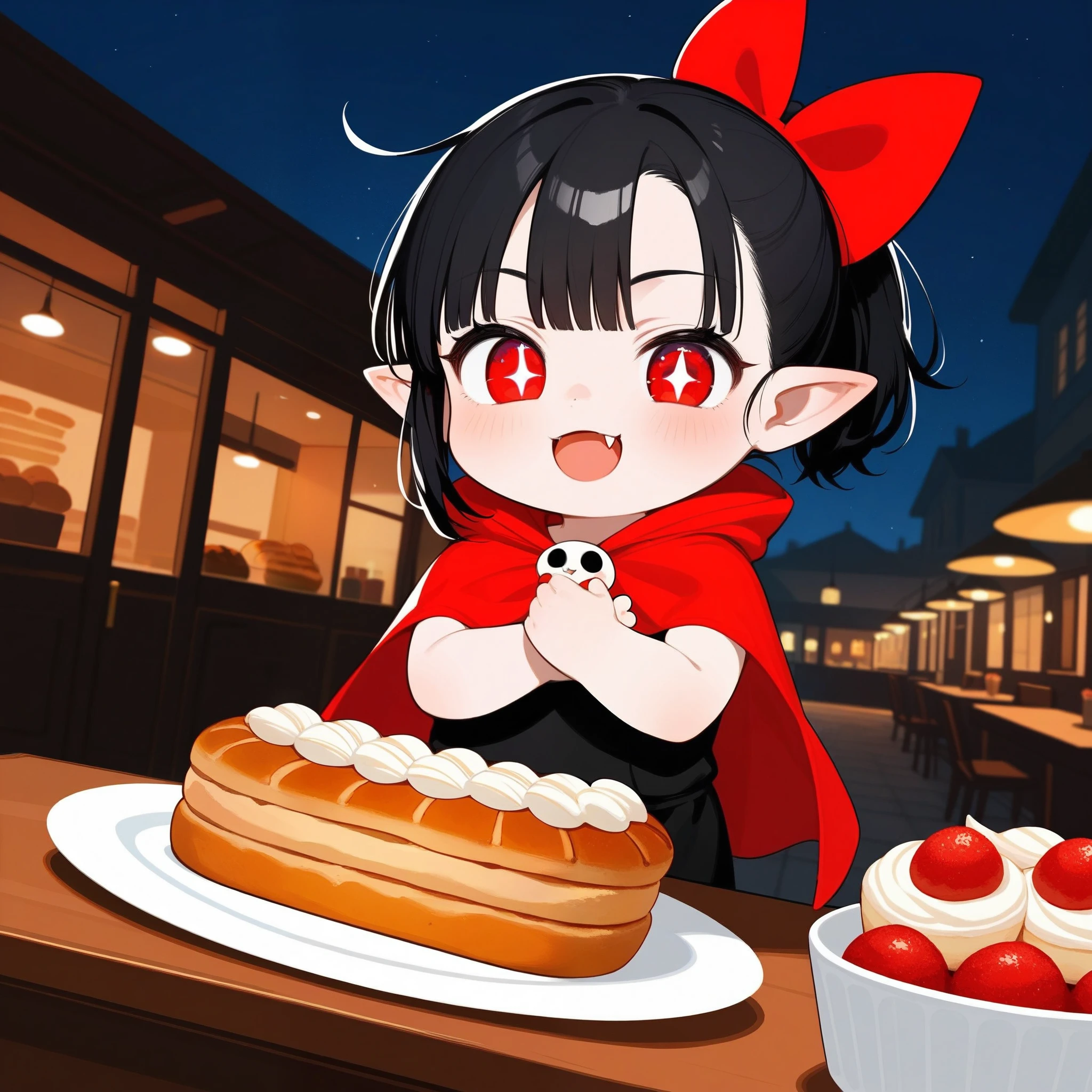 (masterpiece, best quality:1.2), super detailed, 2D artwork, chibi, kawaii, cute, 1girl, (vampire fang:1.2), smirk, black hair, short ponytail with red ribbons, red eyes, beautiful eyes, (snake pupils), pointy ears, black sundress with red cloak, high leather boots, standing pose, (hugging a long baguette:1.2), bakery background, indoor, at night, HD, 4K, negativeXL_D