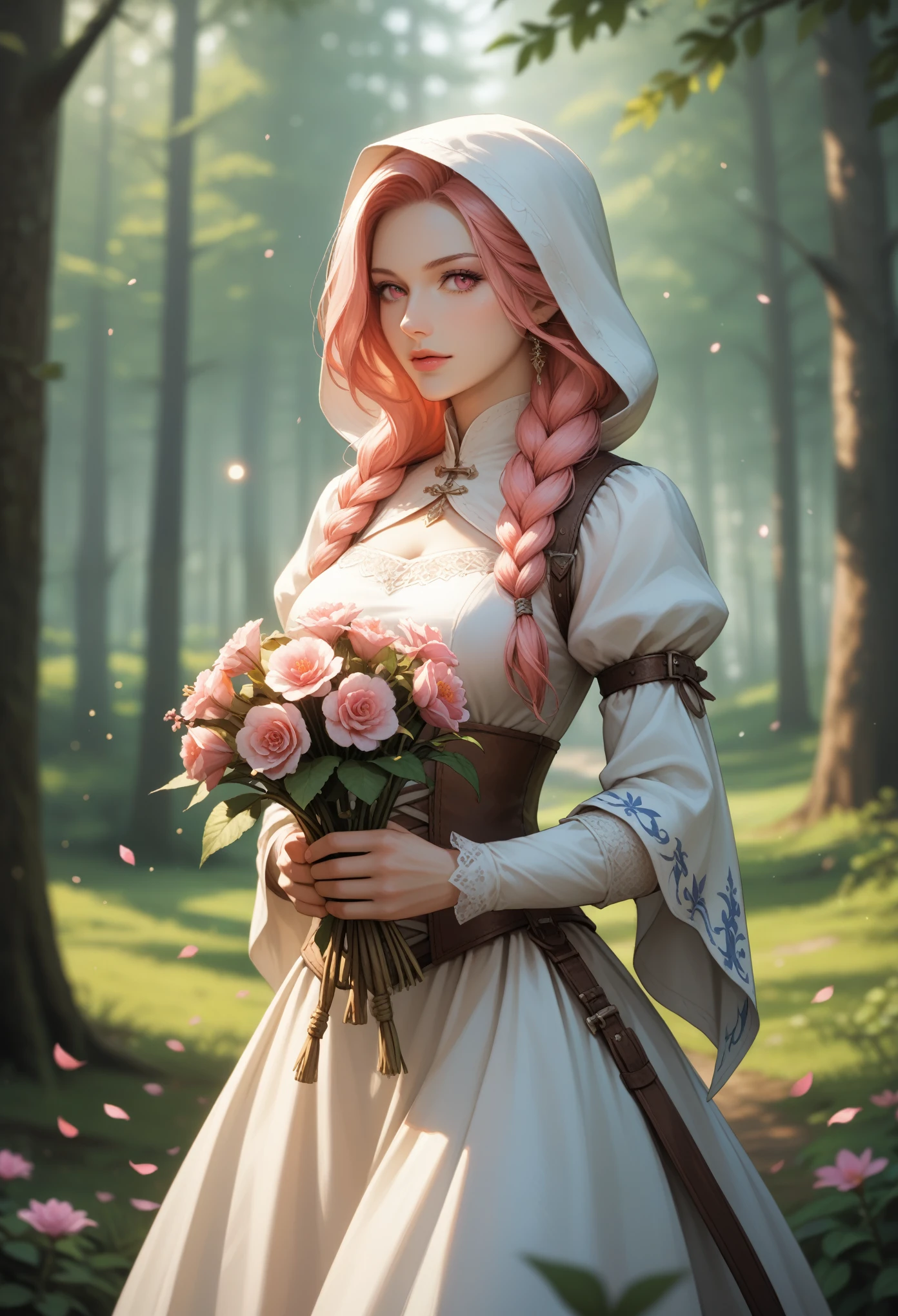 score_9, score_8_up, score_7_up, (masterpiece, UHD, 8K, 16K, ultra detailed), wallpaper, sfw, upperbody shot, 1girl, elf, pink eyes, two side braided hair, pink hair, holding a pink flower, white dress with hood, intricate details, (murmuring flower petals), (wind:1.2), (medieval fantasy), spring forest background, (depth of field), bokeh, diffused light, dramatic ambient