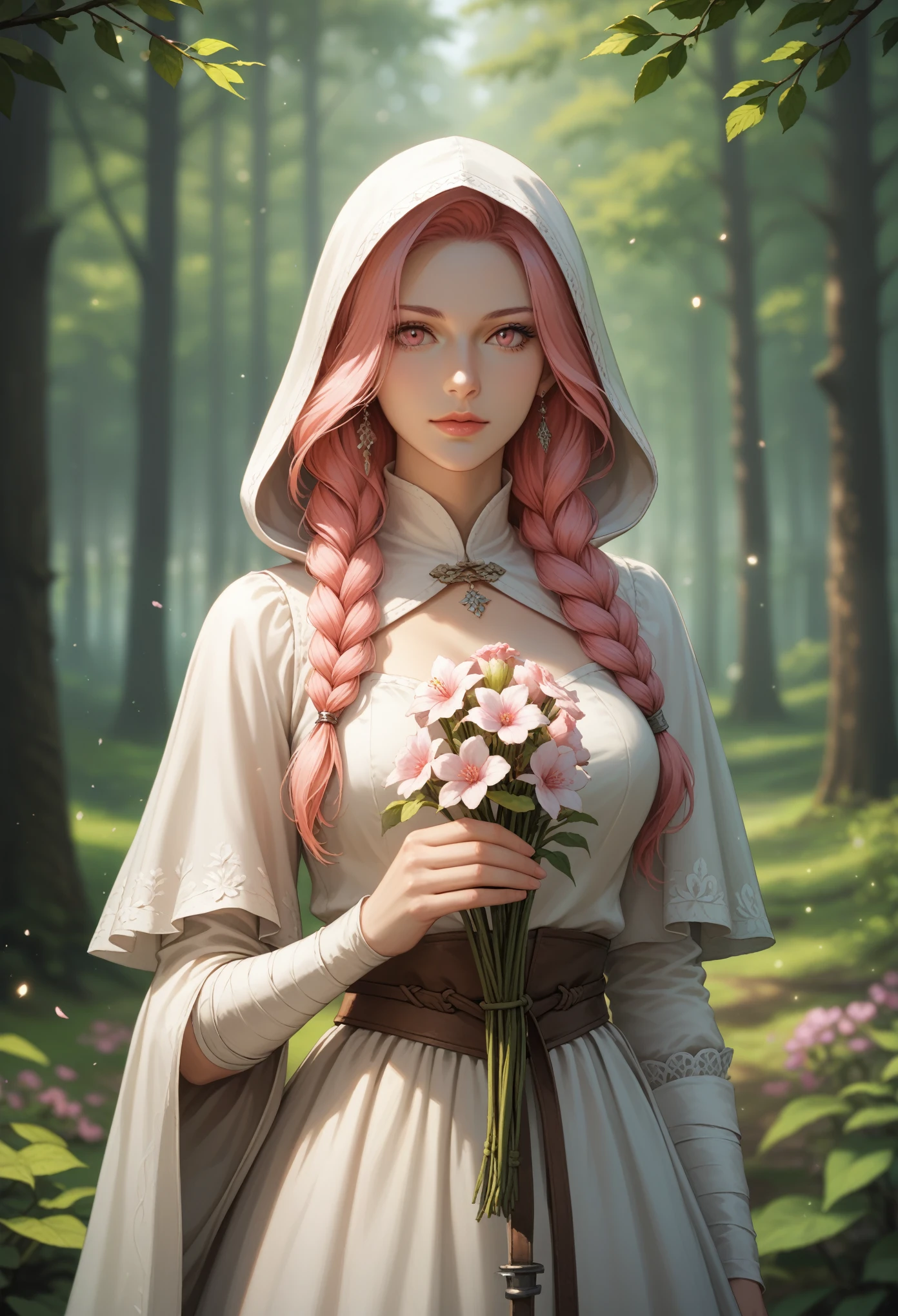 score_9, score_8_up, score_7_up, (masterpiece, UHD, 8K, 16K, ultra detailed), wallpaper, sfw, upperbody shot, 1girl, elf, pink eyes, two side braided hair, pink hair, holding a pink flower, white dress with hood, intricate details, (murmuring flower petals), (wind:1.2), (medieval fantasy), spring forest background, (depth of field), bokeh, diffused light, dramatic ambient