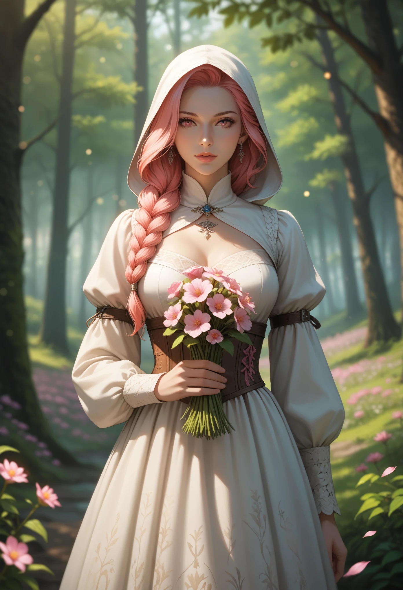 score_9, score_8_up, score_7_up, (masterpiece, UHD, 8K, 16K, ultra detailed), wallpaper, sfw, upperbody shot, 1girl, elf, pink eyes, two side braided hair, pink hair, holding a pink flower, white dress with hood, intricate details, ((murmuring flower petals)), (wind:1.2), (medieval fantasy), spring forest background, vibrant flowers, (depth of field), bokeh, diffused light, dramatic ambient