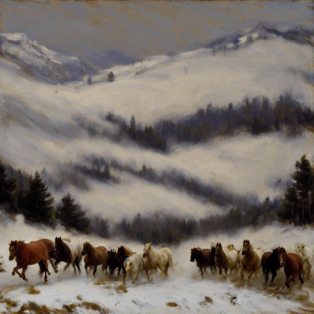 masterpiece, best quality, an abstract painting of a white horse running in a farmland while other horses are chasing him. Pine trees and mountains covered with snow in the background, foggy weather. The painting should be composed of dry brush technique and palette knife. Muted colors, moody lighting, low camera angle, highres.