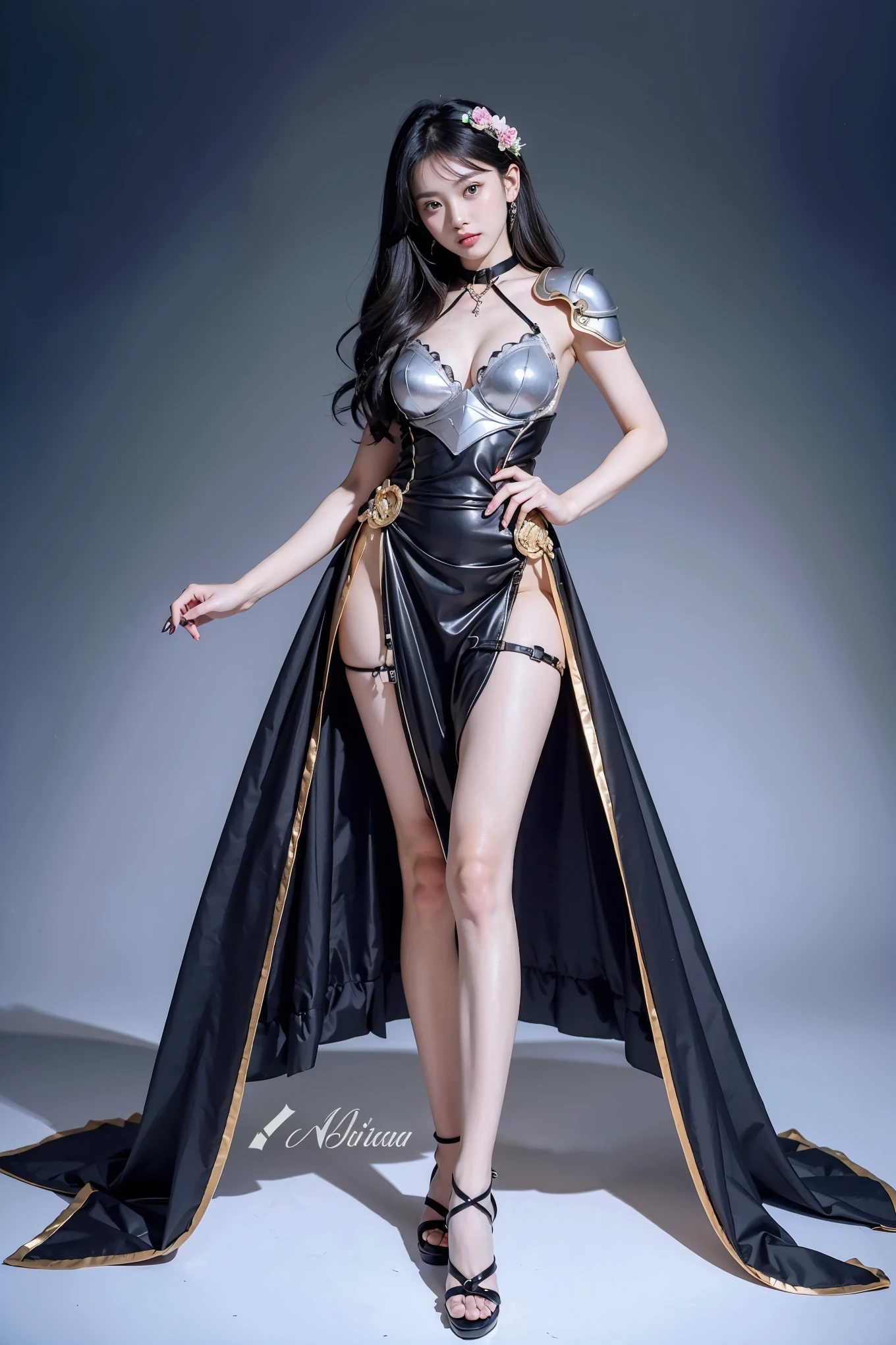 masterpiece, best quality, top quality, high detail, realistic, a woman lying confidently in an ethereal landscape. She has long flowing hair, and wears ornate, silver armor that covers her arms and hips but leaves much of her torso exposed. Her fierce expression suggests strength and determination. The overall aesthetic blends elements of fantasy and warrior themes, with a muted background that highlights her figure.
