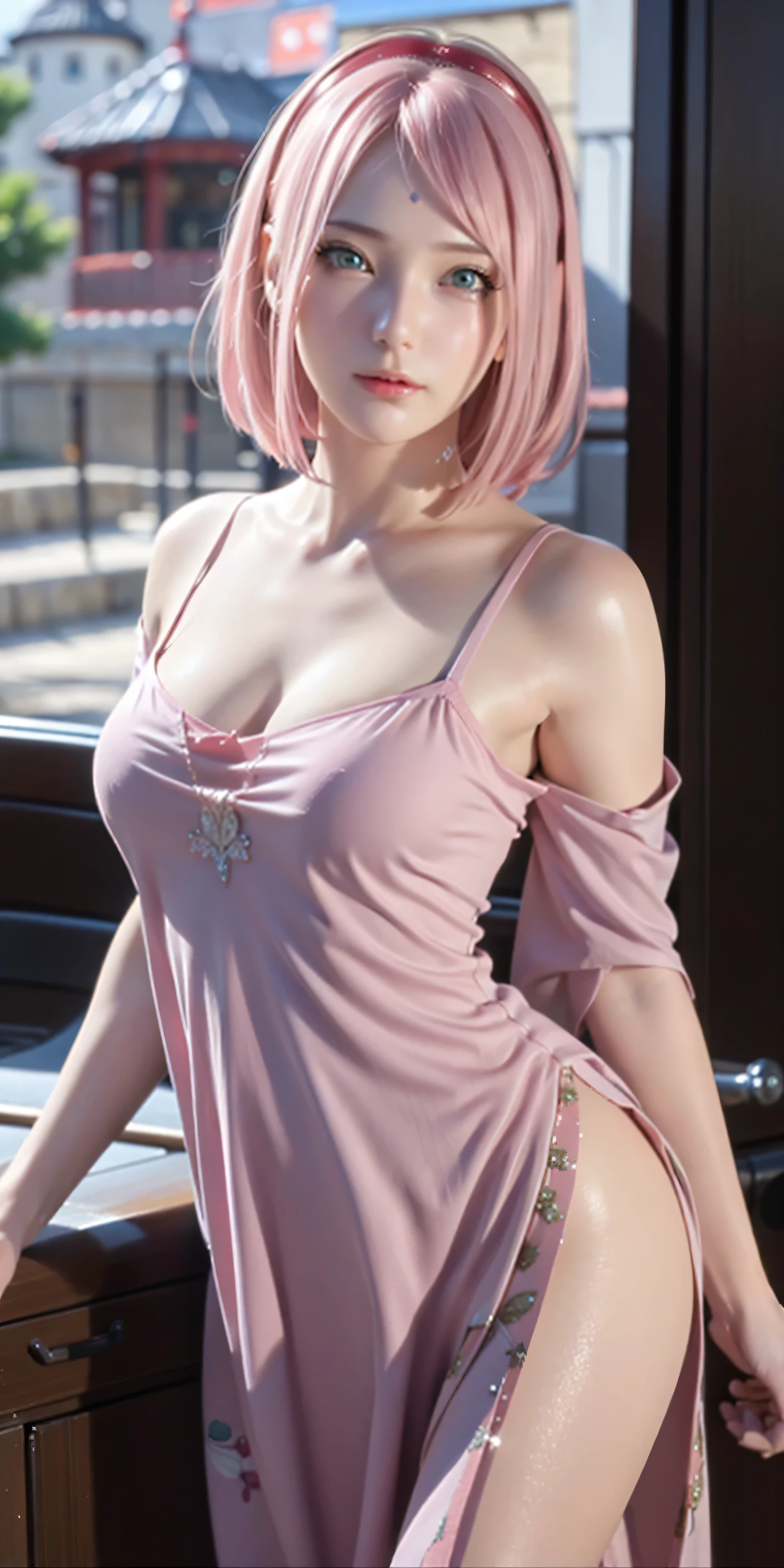 masterpiece, highest quality, One girl, beautiful girl, Light pink hair, Pink Eyes, Medium Hair, Large Breasts, A one-shoulder asymmetrical blouse with flowing draping, Happy, View your viewers