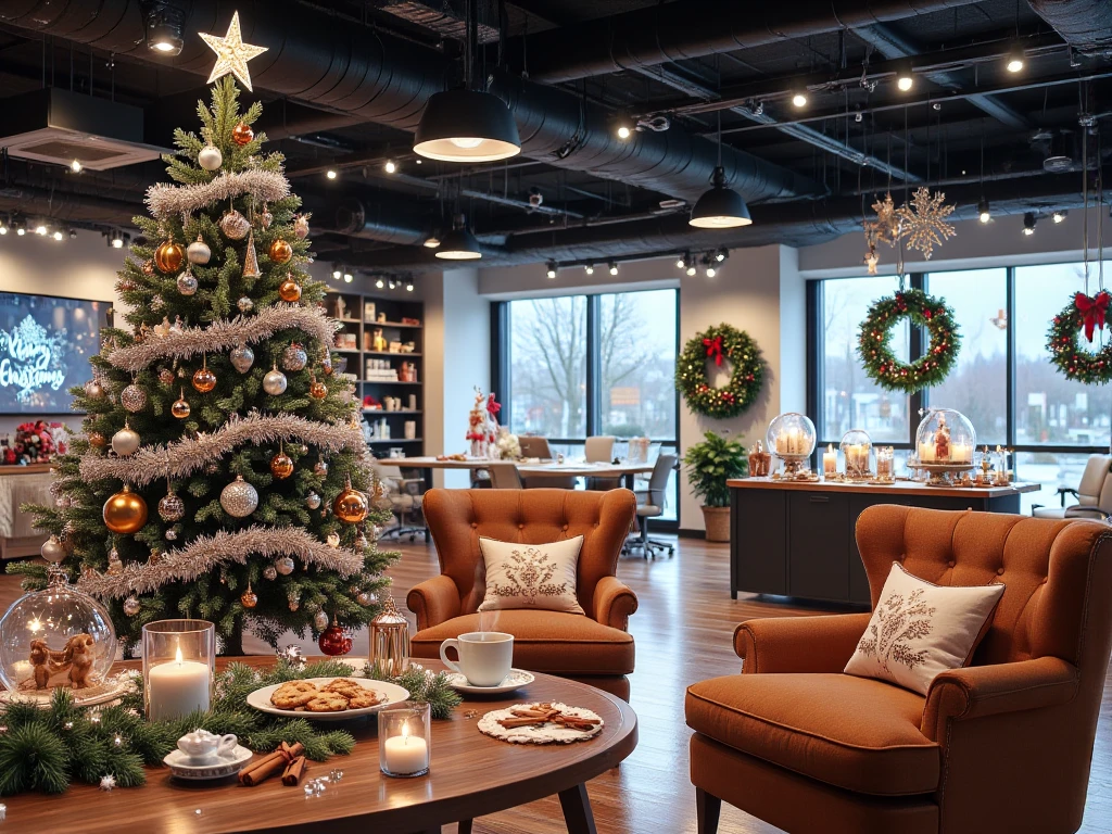 A large, modern office space in an IT company, filled with detailed and realistic Christmas decorations, resembling a festive hidden-object scene with a sense of depth and space. A lush Christmas tree with shiny white, orange, and silver ornaments stands prominently, wrapped in warm LED lights, sparkling tinsel, and elegant garlands, topped with a glowing star. In the front-right area is a cozy seating nook with warm-colored armchairs and a table lovingly set with a plate of Christmas cookies and two large white cups of steaming coffee with visible steam rising.

The room features festive details throughout: intricate snow globes, small angel and reindeer figurines on shelves, a traditional nutcracker near the tree, an Advent wreath with four candles and small ornaments on a side table, window decorations with snow spray for a frosty effect, glowing stars, and string lights on the windows. A green wreath with red berries adorns the door, and Christmas-themed candle holders, delicate pine branches, and cinnamon sticks sit on the table, along with a red and gold tablecloth with winter patterns.

Additional touches include cozy winter pillows with snowflake patterns in the armchairs, a large screen in the background displaying 'Merry Christmas,' subtle LED lights on the office walls, a small decorative sled, and mini Christmas-themed motifs throughout, creating a warm and inviting holiday atmosphere. The image should be highly realistic, filled with sharp, detailed elements, rendered at 300 DPI for clarity, and convey a strong sense of space and depth for an immersive photographic quality without graphical errors.