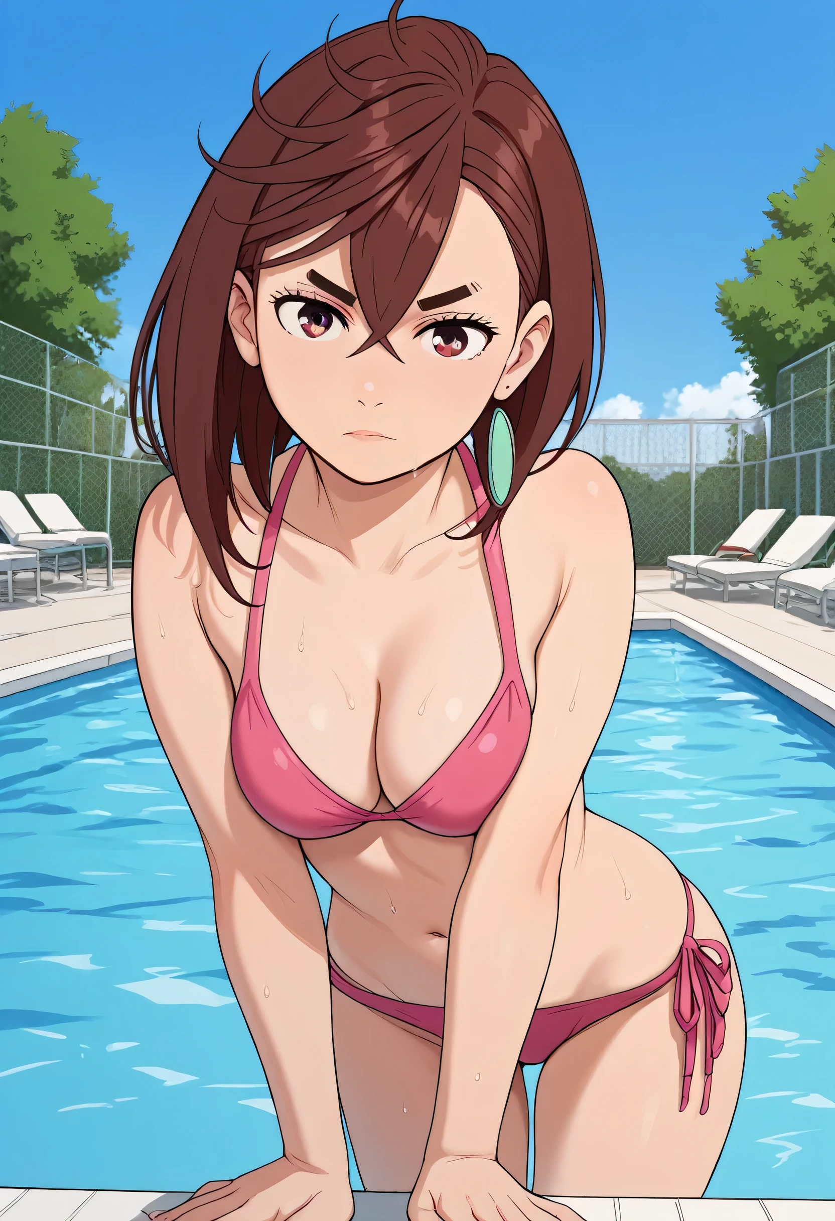 momo ayase, short hair, brown hair, brown eyes, bangs, thick eyebrows, medium breasts, bikini, pool, swimming pool, pink  bikini, standing