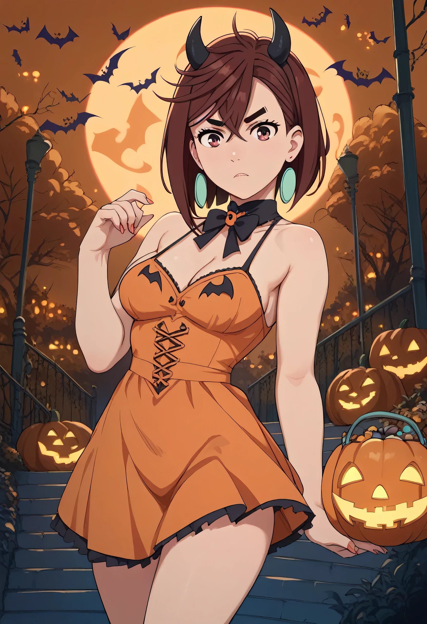 momo ayase, short hair, brown hair, brown eyes, bangs, thick eyebrows, medium breasts, halloween, halloween theme, halloween dress, devil horn