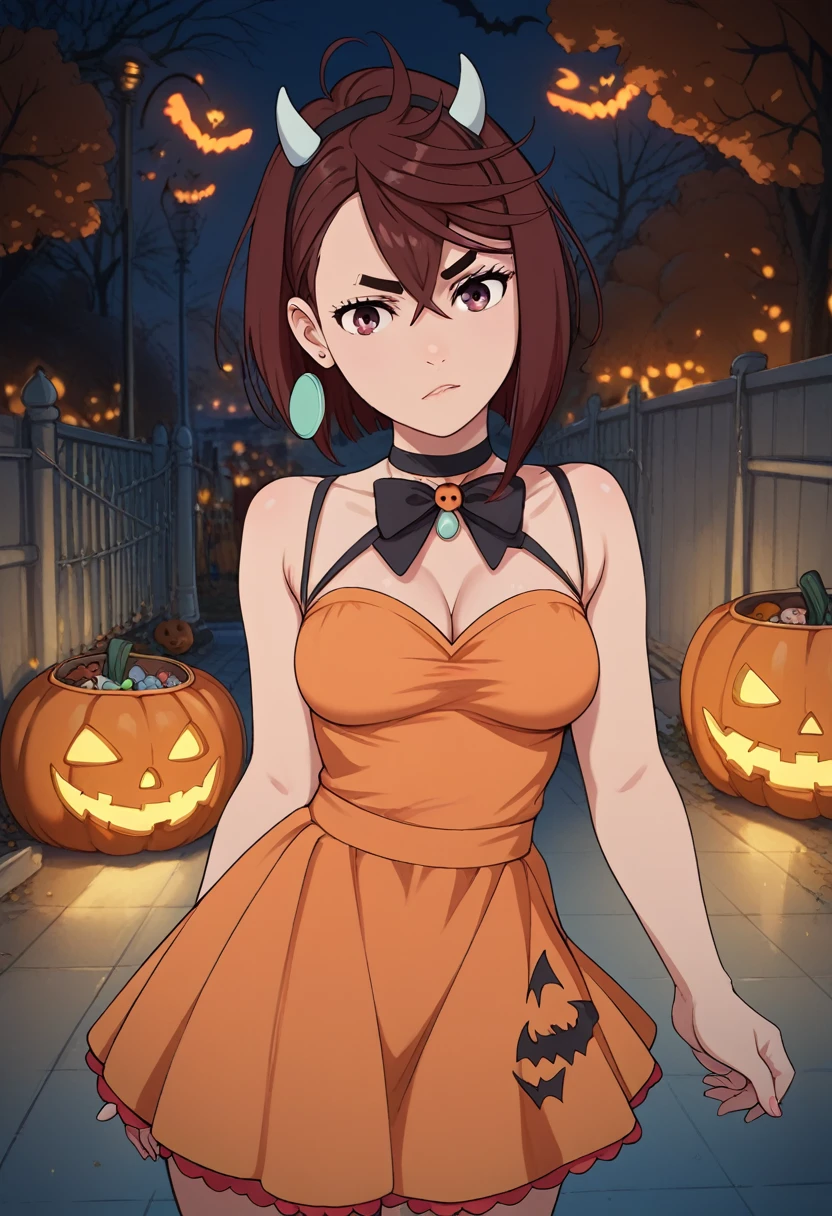 momo ayase, short hair, brown hair, brown eyes, bangs, thick eyebrows, medium breasts, halloween, halloween theme, halloween dress, devil horn, red devil horn