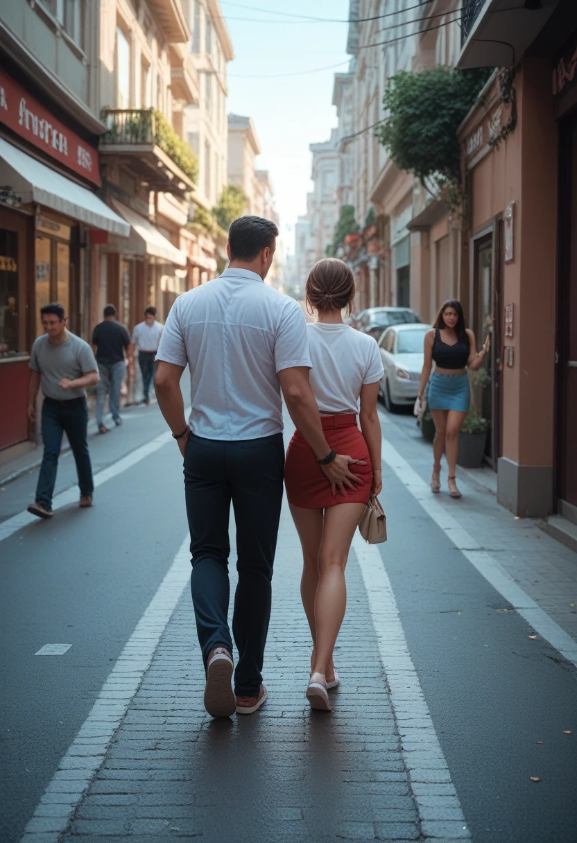 Beautiful short skirt woman ,  walking down the street , Man grabbing his butt 