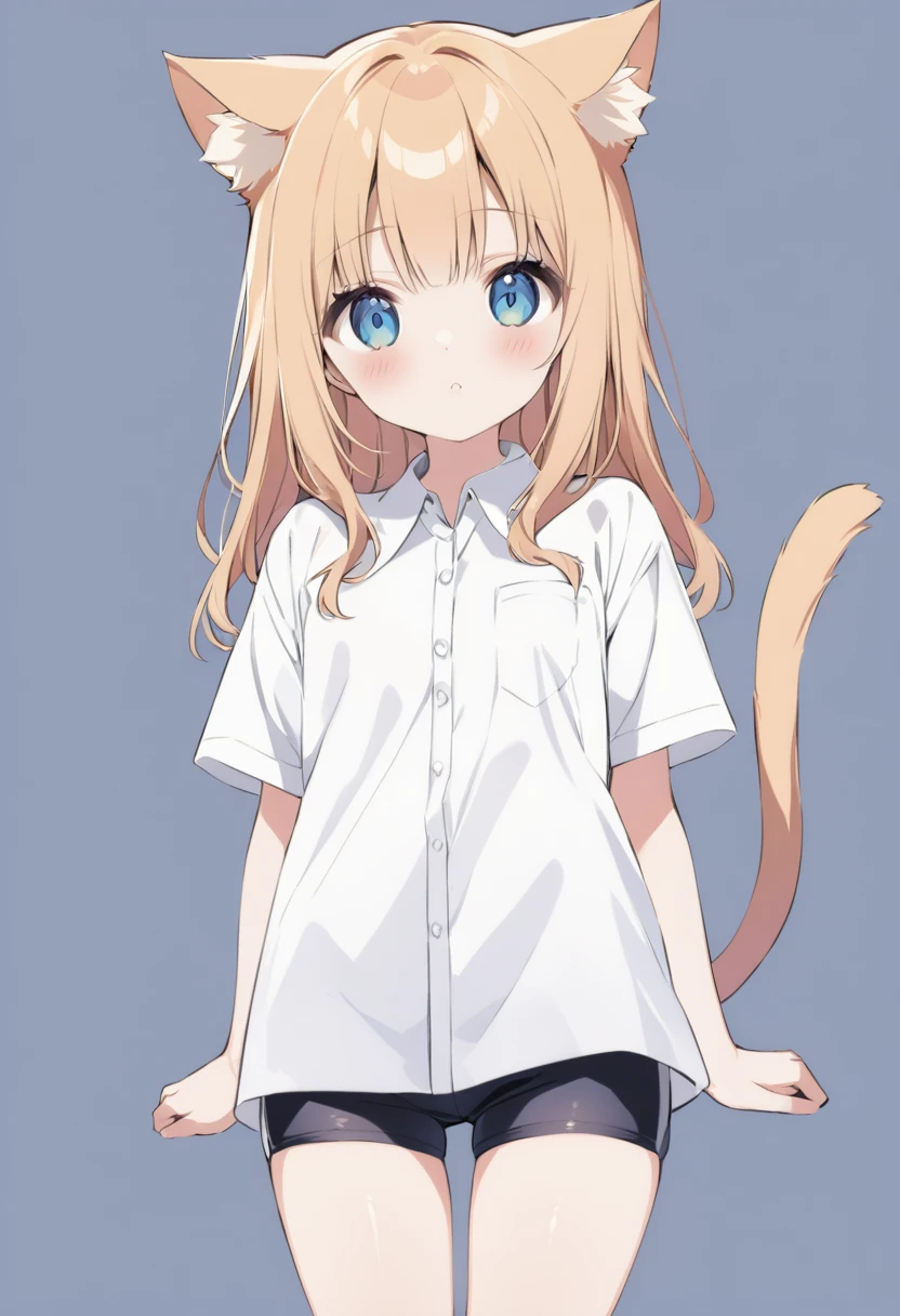 A cute and petite cat girl ,  dressed in a shirt and short shorts , with hairy tail  