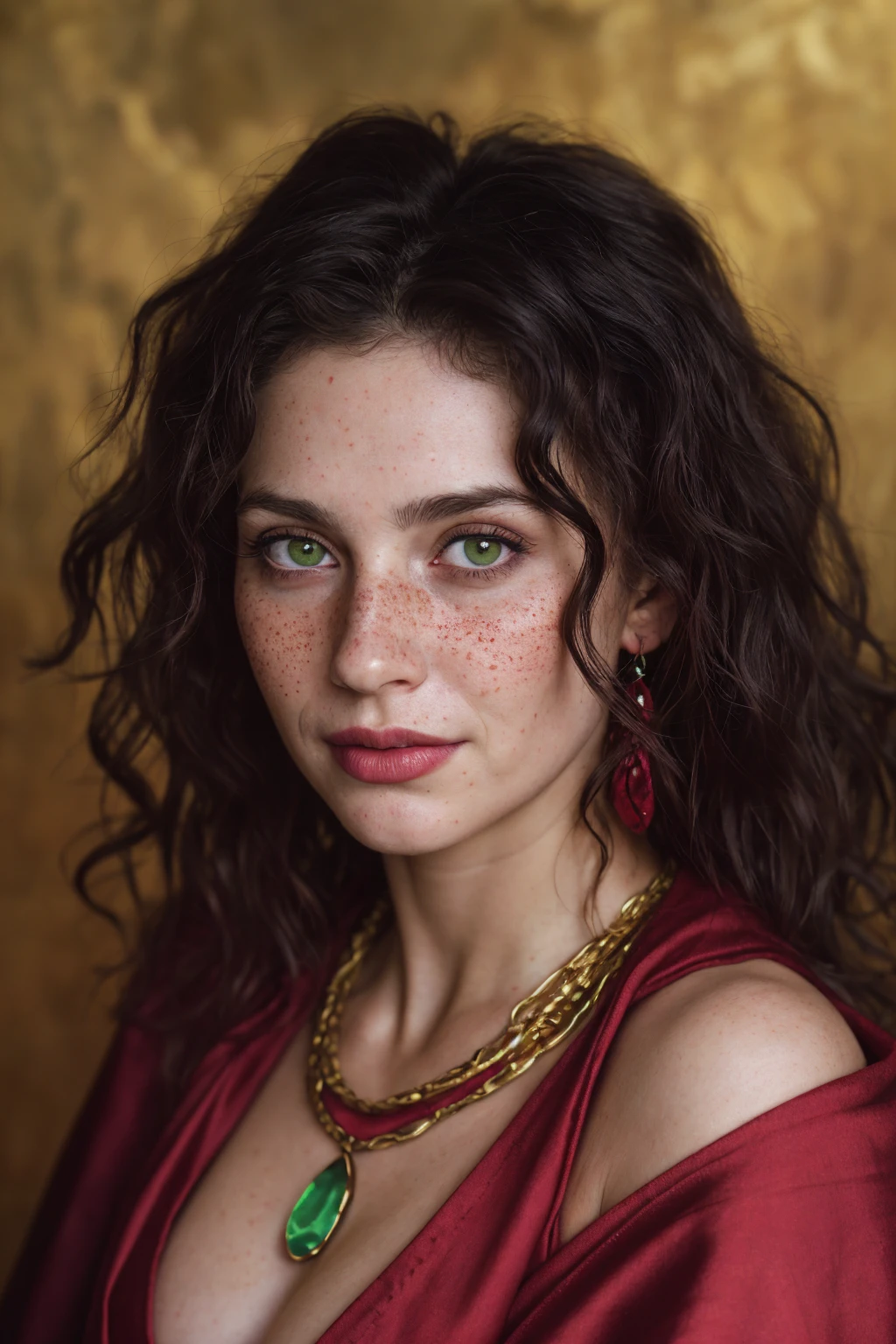 (close-up, editorial photograph of a 30 year old woman), (highly detailed face:1.4) (smile:0.7) (background inside dark, moody, private study:1.3) POV, by lee jeffries, nikon d850, film stock photograph ,4 kodak portra 400 ,camera f1.6 lens ,rich colors, hyper realistic ,lifelike texture, dramatic lighting , cinestill 800, wavy hair, messy hair, curls, Mischievous smirk, Black hair, green eyes, freckles, Crimson Cloak, Purple Robe, Jewels, Necklace, Witchcraft, Red Aura, Sumerian woman, sumerian skin, Sumerian expression, Astral Plane, Scarlet Woman, Babalon, Thelema