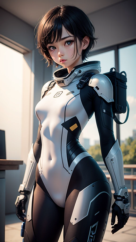 Best Quality　8k mechanical suit girl 　  look for an elementary school girl 　Sweaty face　cute　 boyish short hair　Steam coming out of my head　 hair wet from sweat 　 Black Hair 　I can&#39;t move　　 lies down　Soaked Face