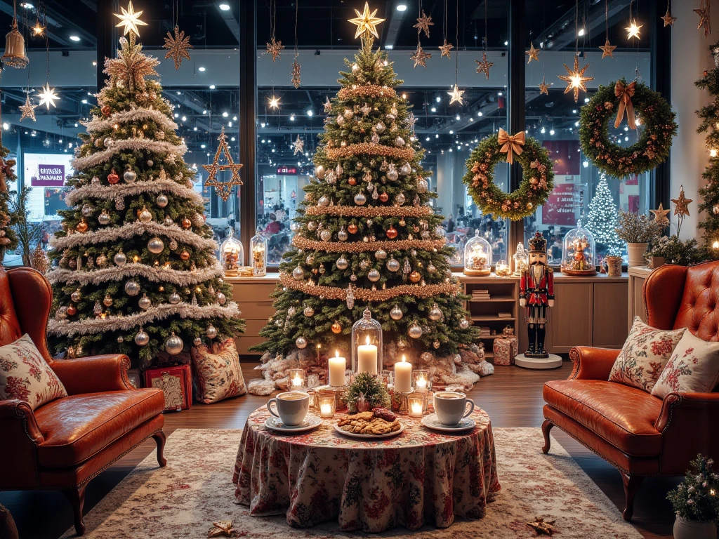 A large, modern office space in an IT company with many Work spaces, filled with detailed and realistic Christmas decorations, resembling a festive many hidden-object scene with a sense of depth and space. A lush Christmas tree with shiny white, orange, and silver ornaments stands prominently, wrapped in warm LED lights, sparkling tinsel, and elegant garlands, topped with a glowing star. In the front-right area is a cozy seating nook with warm-colored armchairs and a table lovingly set with a plate of Christmas cookies and two large white cups of steaming coffee with visible steam rising.

The room features festive details throughout: intricate snow globes, small angel and reindeer figurines on shelves, a traditional nutcracker near the tree, an Advent wreath with four candles and small ornaments on a side table, window decorations with snow spray for a frosty effect, glowing stars, and string lights on the windows. A green wreath with red berries adorns the door, and Christmas-themed candle holders, delicate pine branches, and cinnamon sticks sit on the table, along with a red and gold tablecloth with winter patterns.

Additional touches include cozy winter pillows with snowflake patterns in the armchairs, a large screen in the background displaying 'Merry Christmas,' subtle LED lights on the office walls, a small decorative sled, and mini Christmas-themed motifs throughout, creating a warm and inviting holiday atmosphere. The image should be highly realistic, filled with sharp, detailed elements, rendered at 300 DPI for clarity, and convey a strong sense of space and depth for an immersive photographic quality without graphical errors.