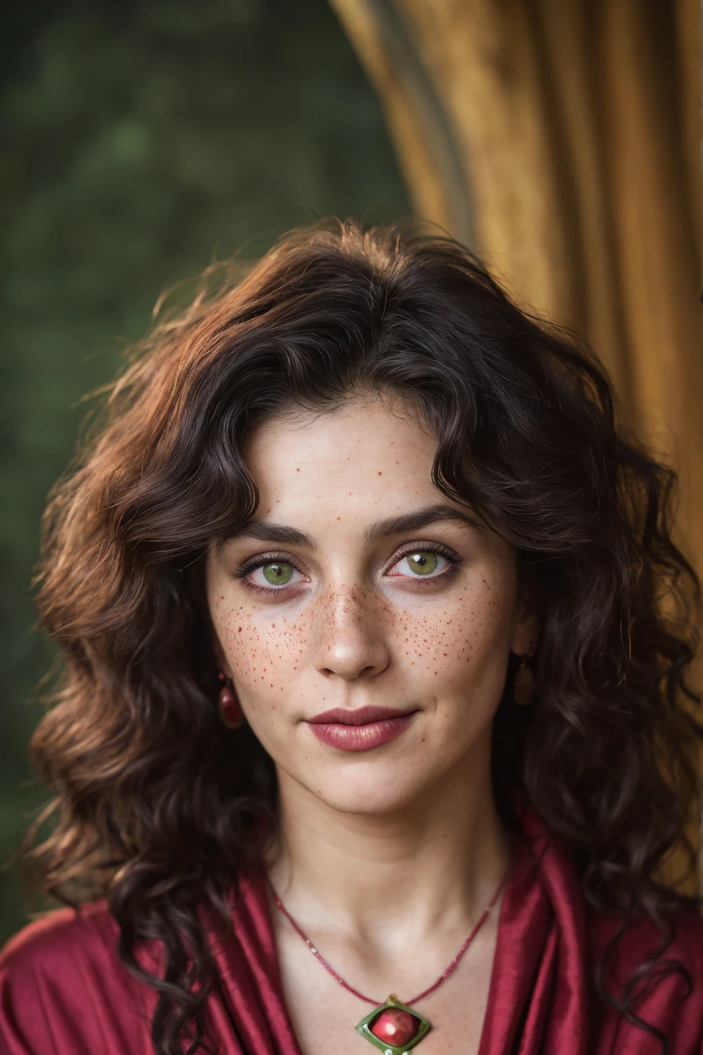 (close-up, editorial photograph of a 30 year old woman), (highly detailed face:1.4) (smile:0.7) (background inside dark, moody, private study:1.3) POV, by lee jeffries, nikon d850, film stock photograph ,4 kodak portra 400 ,camera f1.6 lens ,rich colors, hyper realistic ,lifelike texture, dramatic lighting , cinestill 800, wavy hair, messy hair, curls, Mischievous smirk, Black hair, green eyes, freckles, Crimson Cloak, Purple Robe, Jewels, Necklace, Witchcraft, Red Aura, Sumerian woman, sumerian skin, Sumerian expression, Astral Plane, Scarlet Woman, Babalon, Thelema