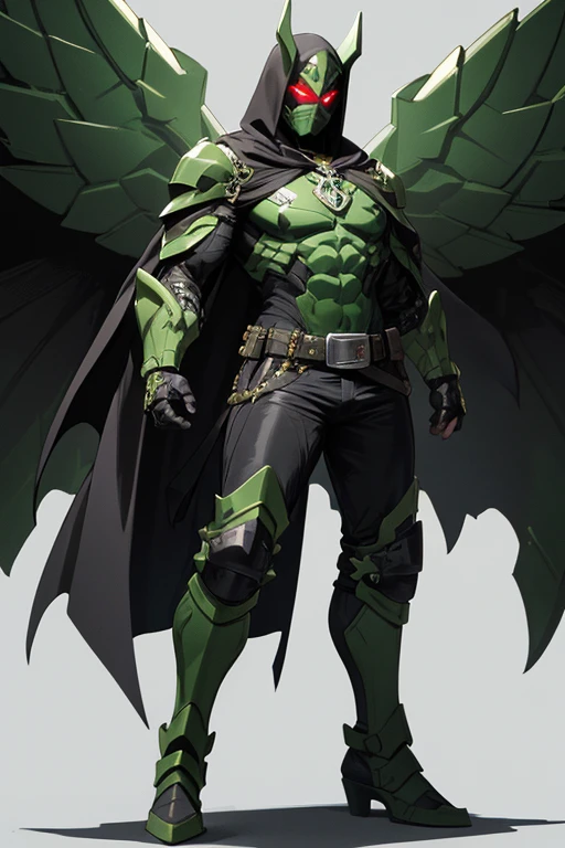 character design panel, full body esbian, Full details, front, back, High detail, Depth, Many parts, of leo. has green hair. muscle. bat wings