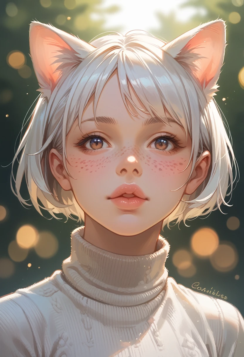 Portrait shot, short hair, freckles, white hair, cat ears, full lips, turtleneck sweater, bokeh background, outside, (masterpiece), (best quality:1.2), absurdres, intricate details, (highly detailed skin:1.2),