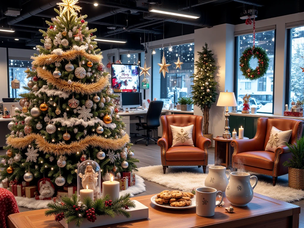 A large, modern office space in an IT company with many Work spaces, filled with detailed and realistic Christmas decorations, resembling a festive many hidden-object scene with a sense of depth and space. A lush Christmas tree with shiny white, orange, and silver ornaments stands prominently, wrapped in warm LED lights, sparkling tinsel, and elegant garlands, topped with a glowing star. In the front-right area is a cozy seating nook with warm-colored armchairs and a table lovingly set with a plate of Christmas cookies and two large white cups of steaming coffee with visible steam rising.

The room features festive details throughout: intricate snow globes, small angel and reindeer figurines on shelves, a traditional nutcracker near the tree, an Advent wreath with four candles and small ornaments on a side table, window decorations with snow spray for a frosty effect, glowing stars, and string lights on the windows. A green wreath with red berries adorns the door, and Christmas-themed candle holders, delicate pine branches, and cinnamon sticks sit on the table, along with a red and gold tablecloth with winter patterns.

Additional touches include cozy winter pillows with snowflake patterns in the armchairs, a large screen in the background displaying 'Merry Christmas,' subtle LED lights on the office walls, a small decorative sled, and mini Christmas-themed motifs throughout, creating a warm and inviting holiday atmosphere. The image should be highly realistic, filled with sharp, detailed elements, rendered at 300 DPI for clarity, and convey a strong sense of space and depth for an immersive photographic quality without graphical errors.