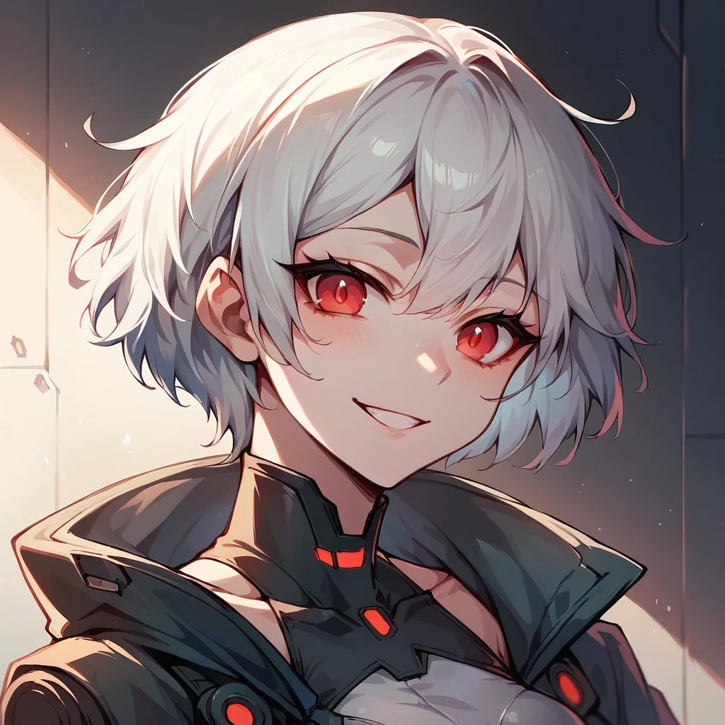 Make a character with red eyes. Her short hair .  white-haired. smiling, futuristic scenario