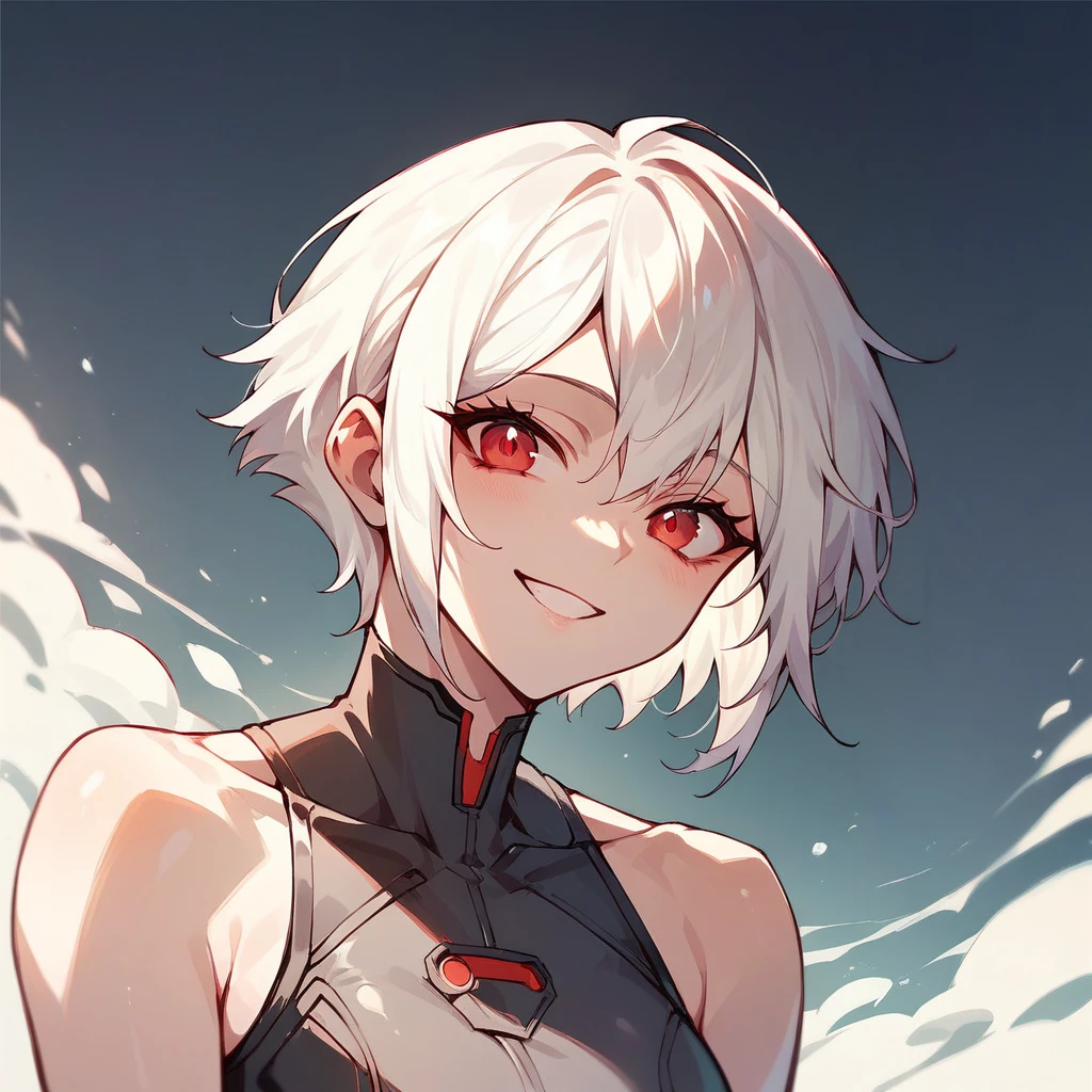 Make a character with red eyes. Her short hair .  white-haired. smiling, futuristic scenario